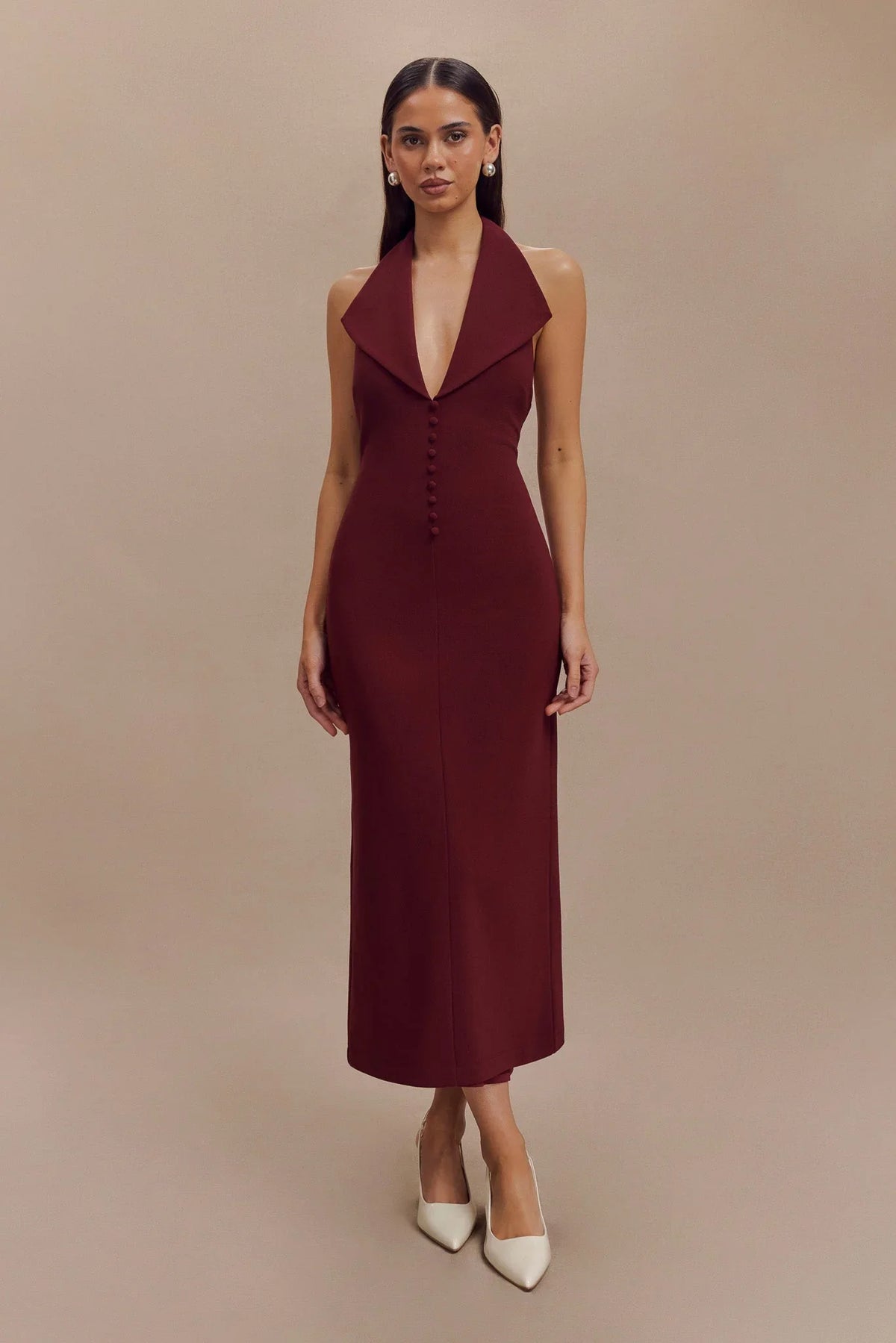 Annita Crepe Halter Midi Dress Merlot