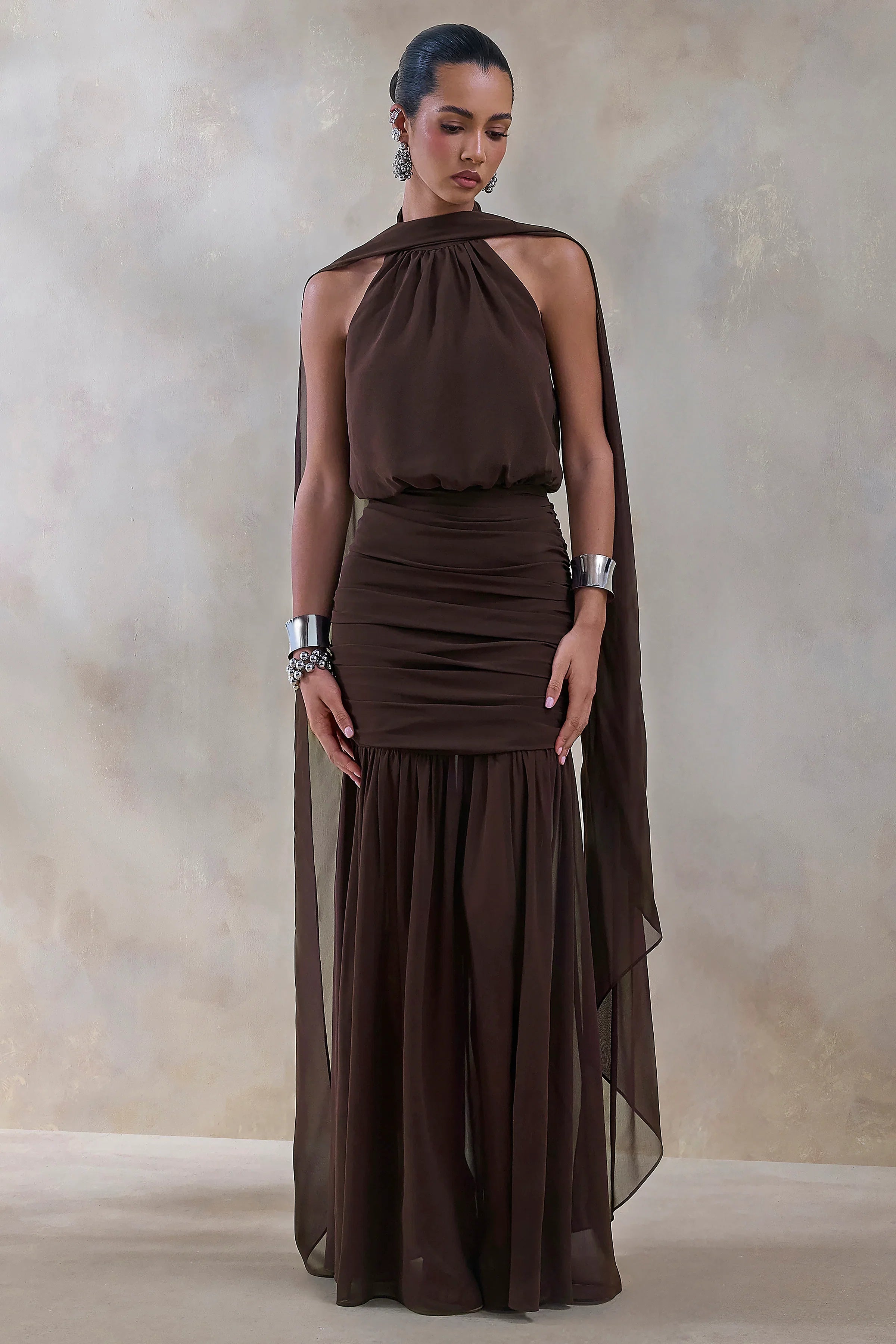 Veronique Brown Halter Neck Maxi Dress