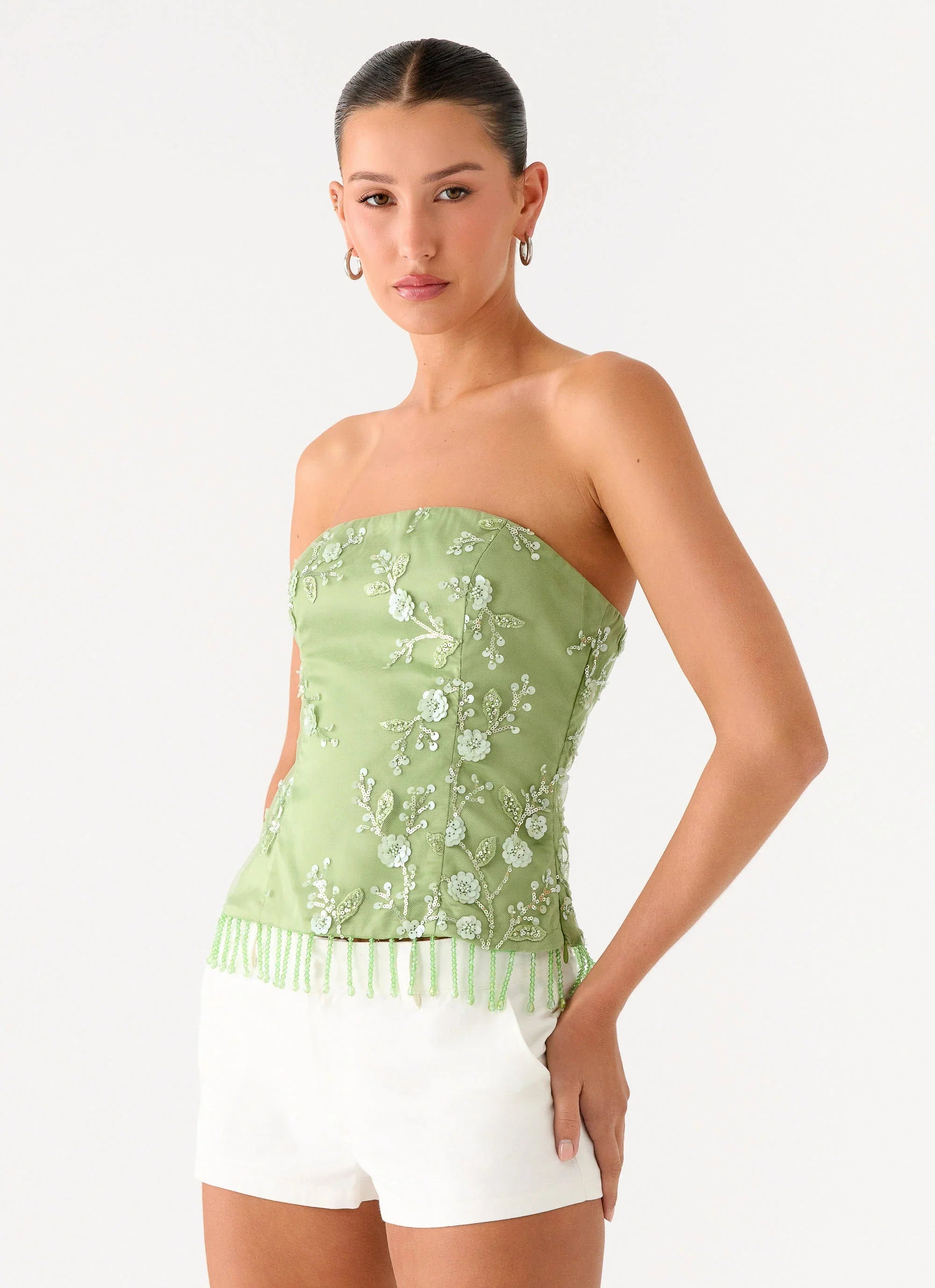 Sea Garden Beaded Strapless Top Green
