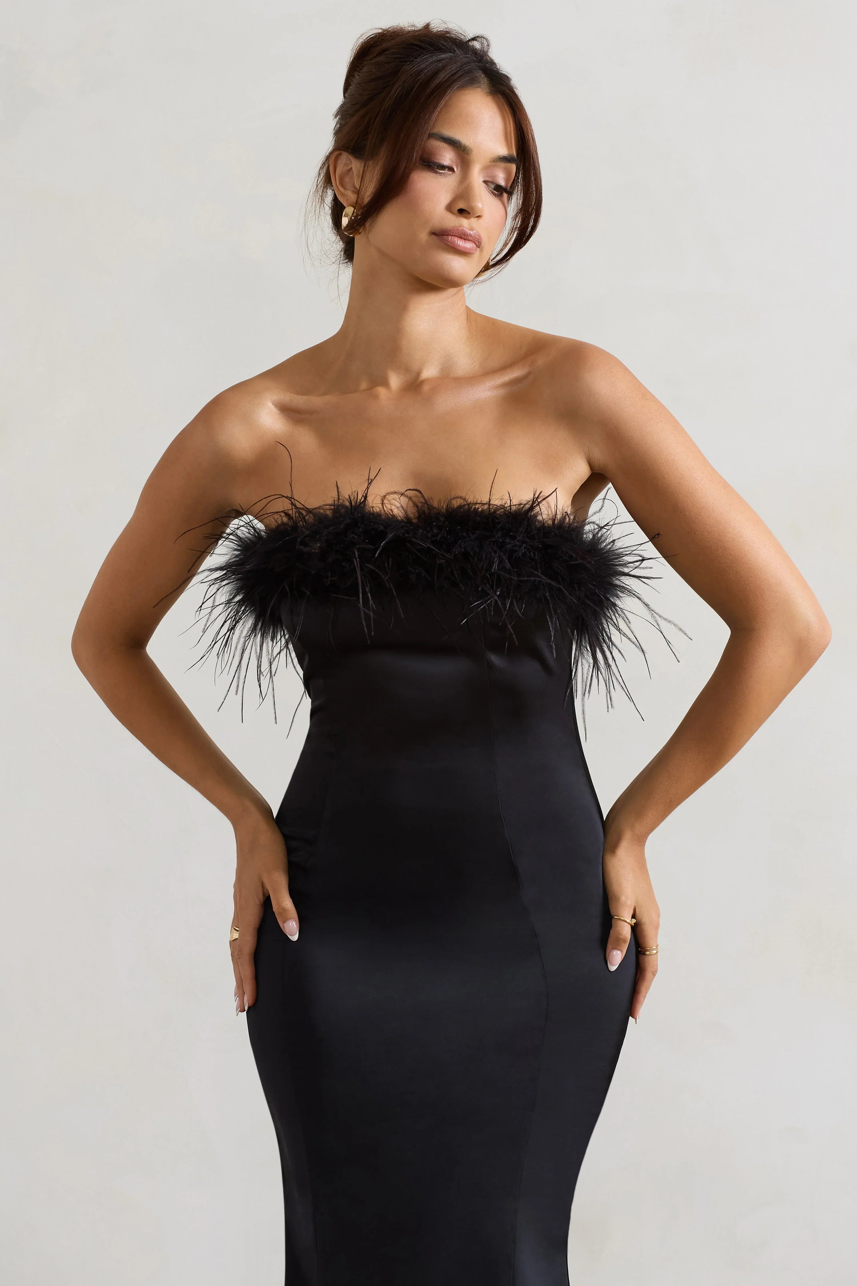 One And Only Black Satin Feather Trim Bandeau Midi Dress
