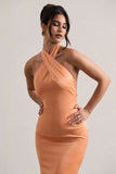 Unbeatable Peach Satin Cross Over Halter Neck Maxi Dress