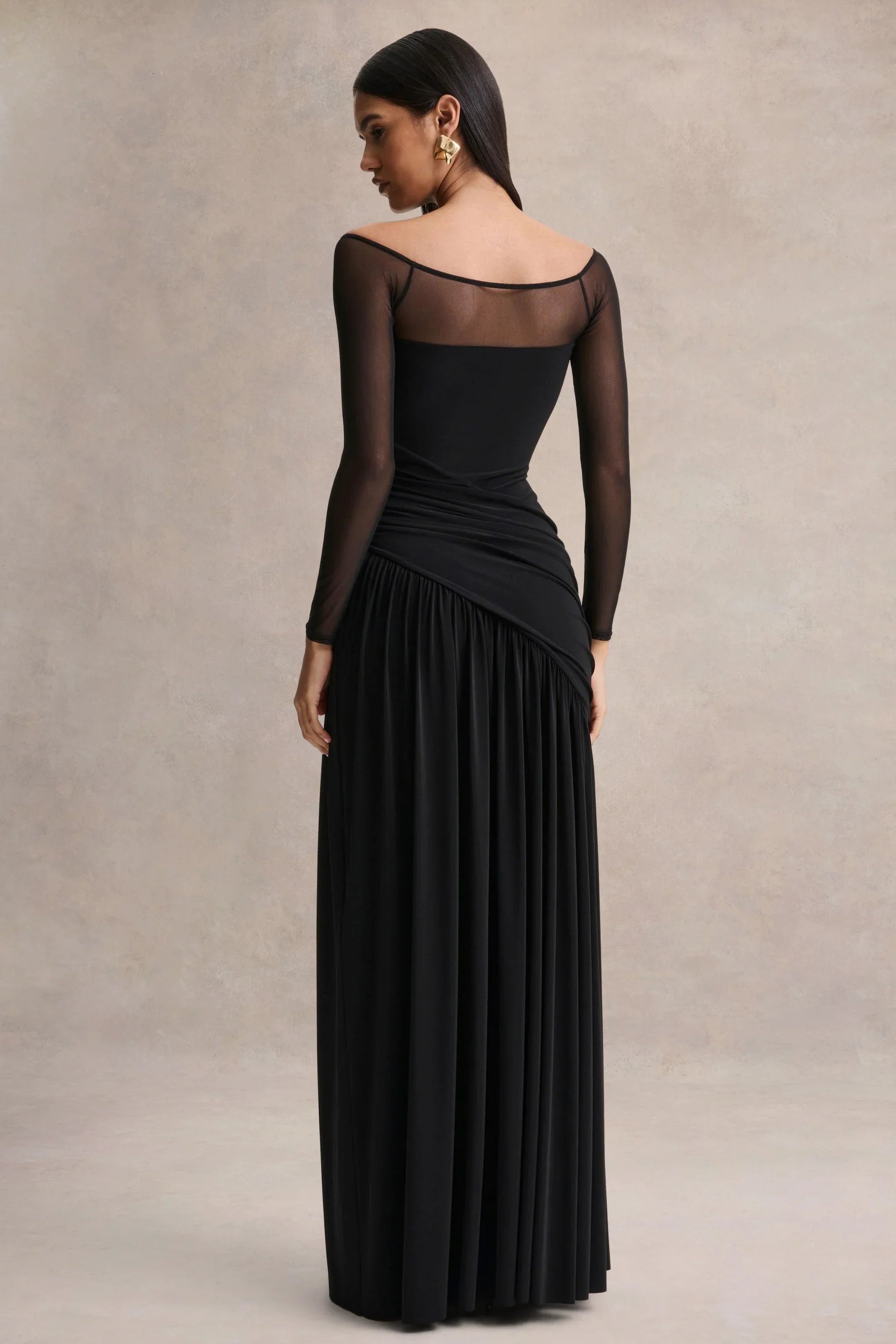 Bexley Black Bardot Neck Draped Maxi Dress With Long Mesh Sleeves