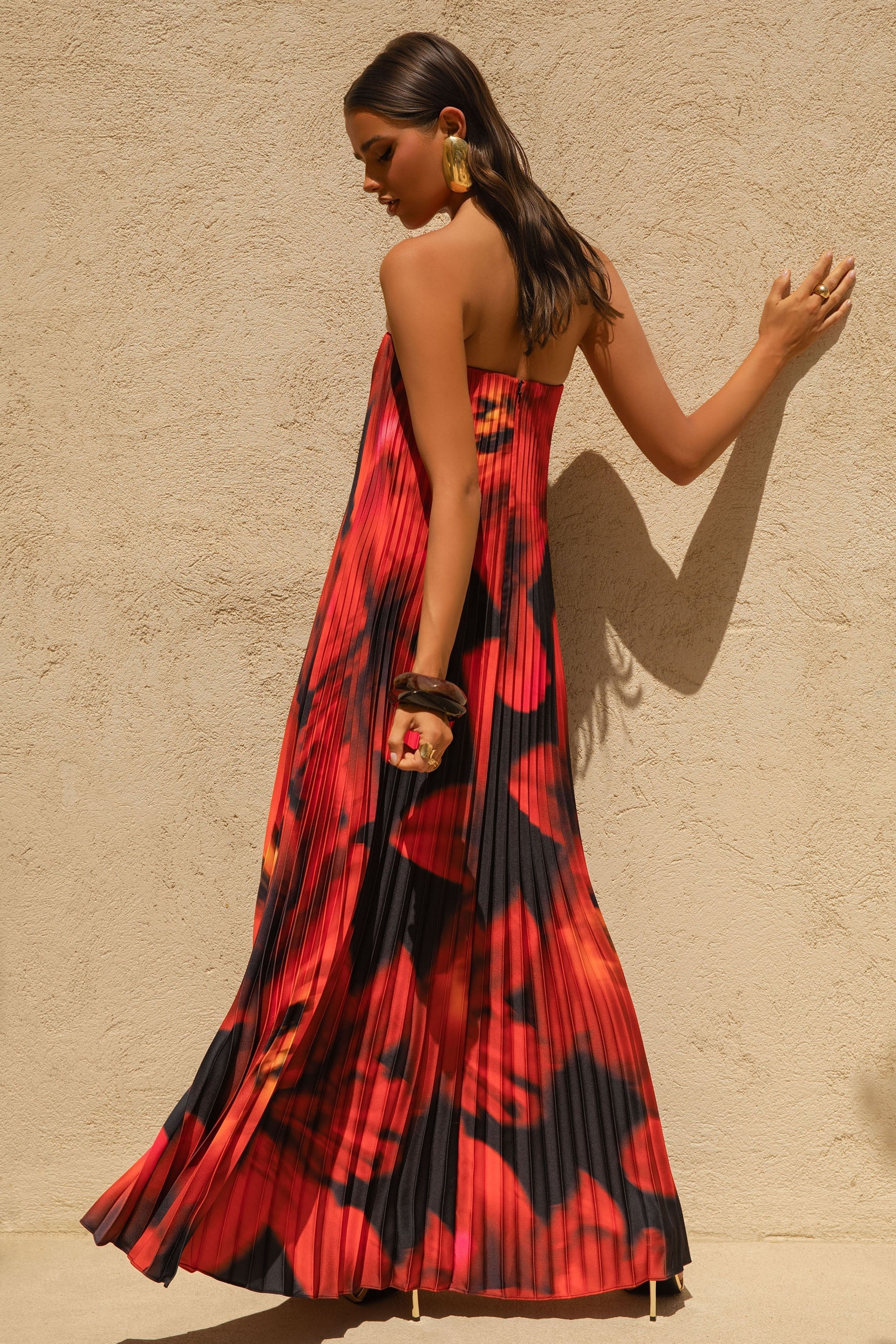 Bergamot Black And Red Floral Print Satin Sweetheart Maxi Dress