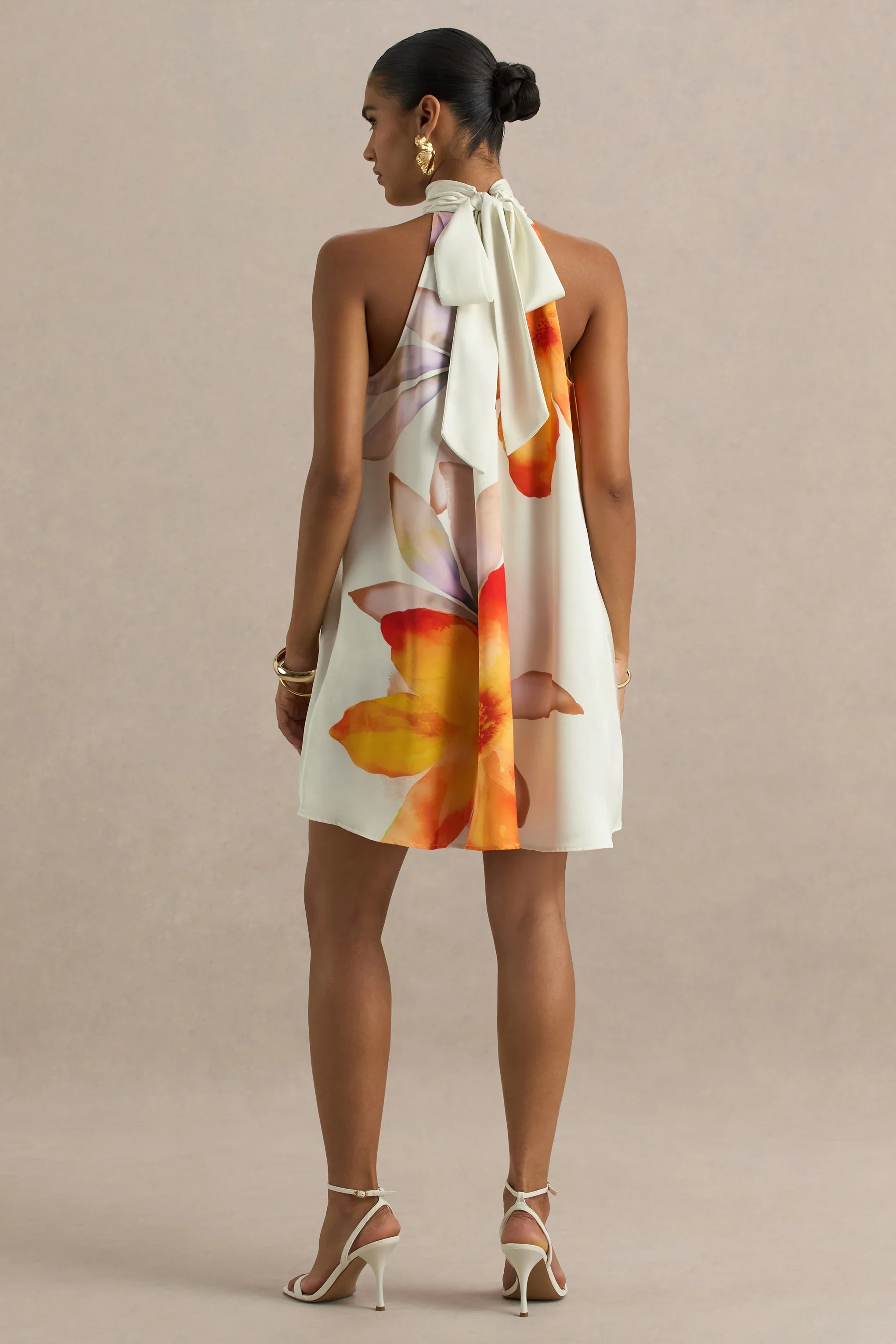 Evita Orange Floral High Neck Satin Mini Dress