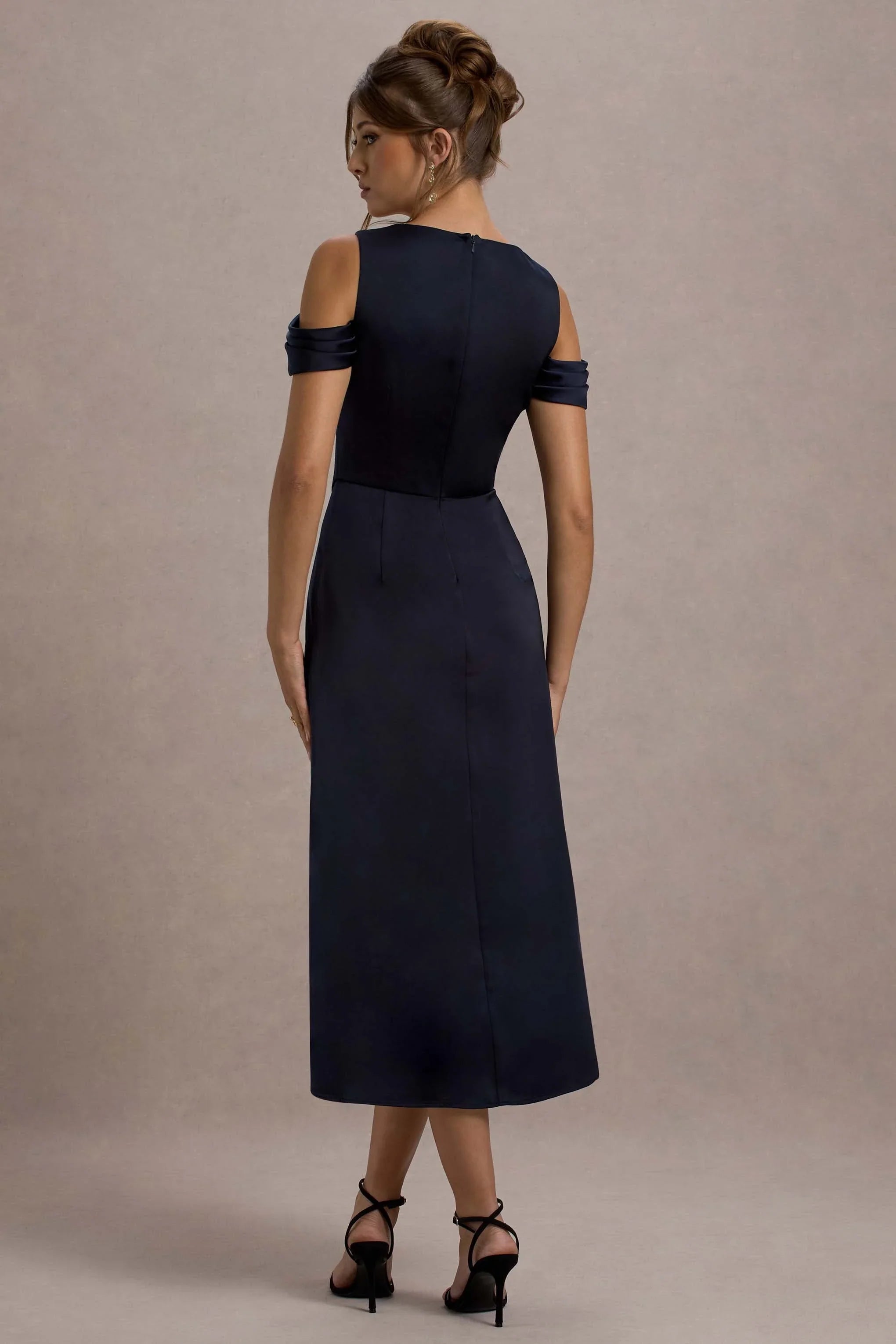 Sawyer Navy Satin Draped Midi Dress