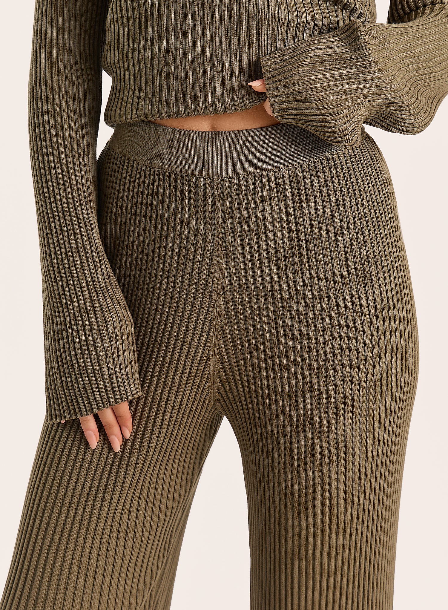 Olive Ribbed Knit Straight Leg Trousers