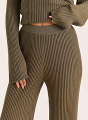 Olive Ribbed Knit Straight Leg Trousers