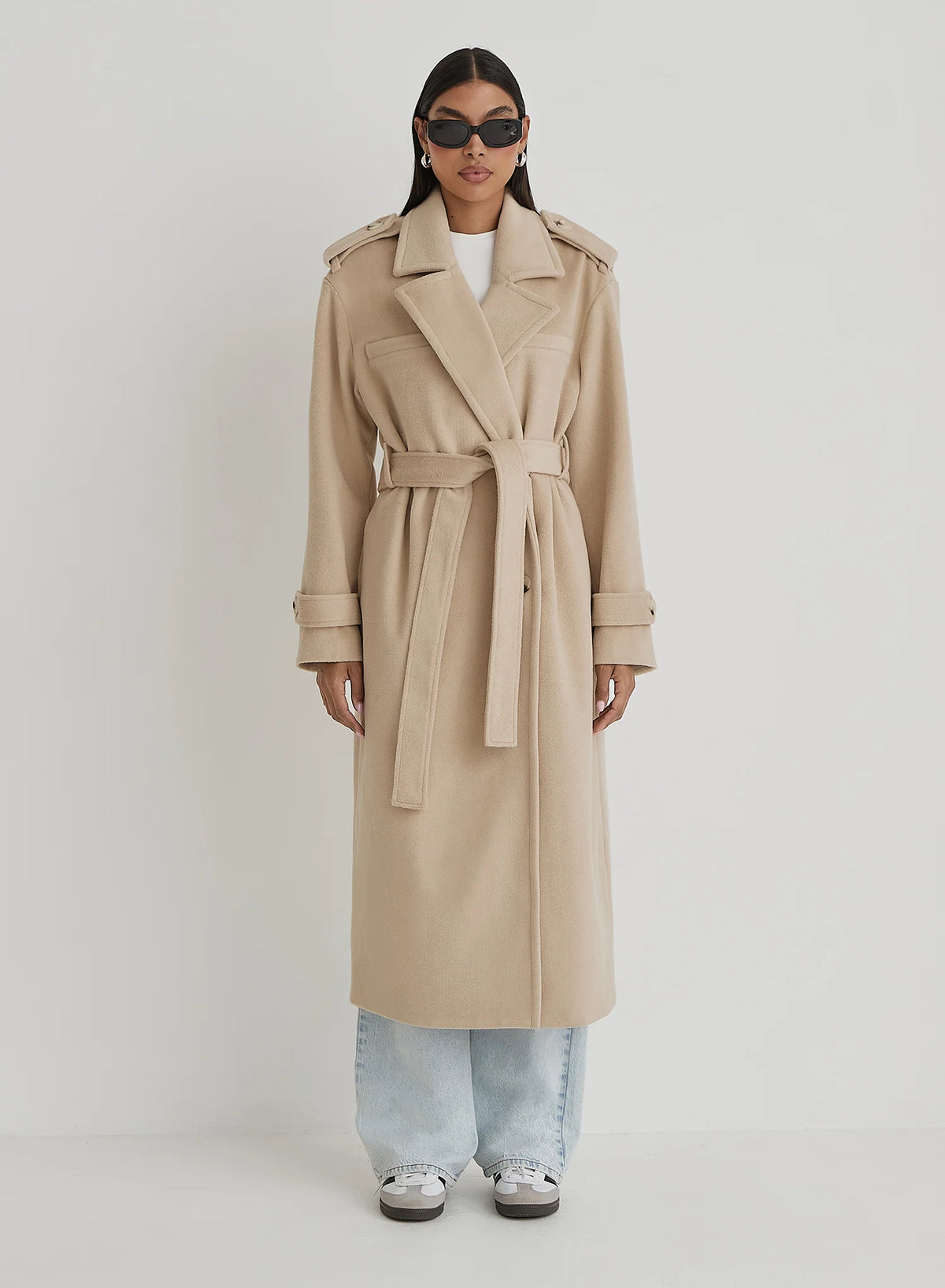 Beige Tailored Belted Longline Trench Coat