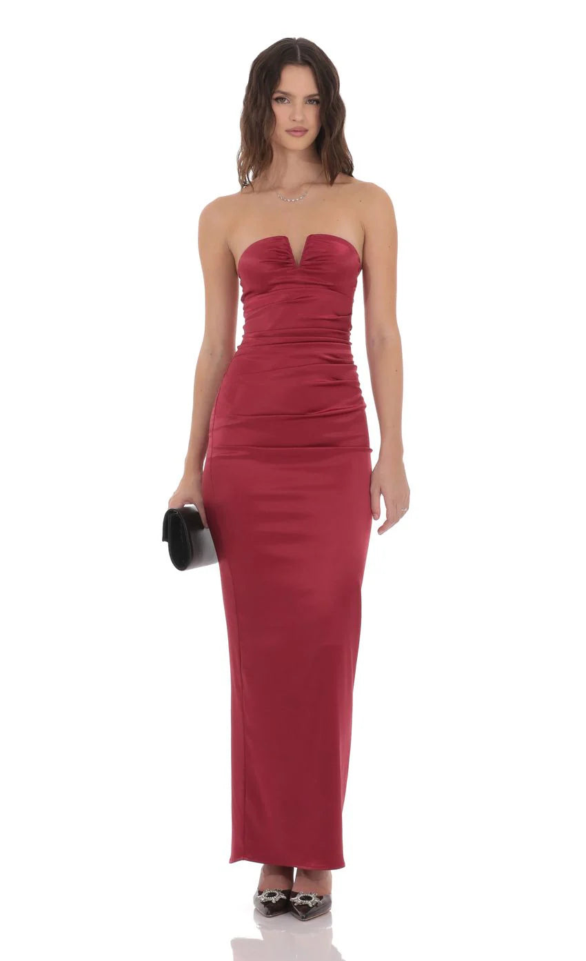 Satin V Strapless Maxi Dress in Maroon