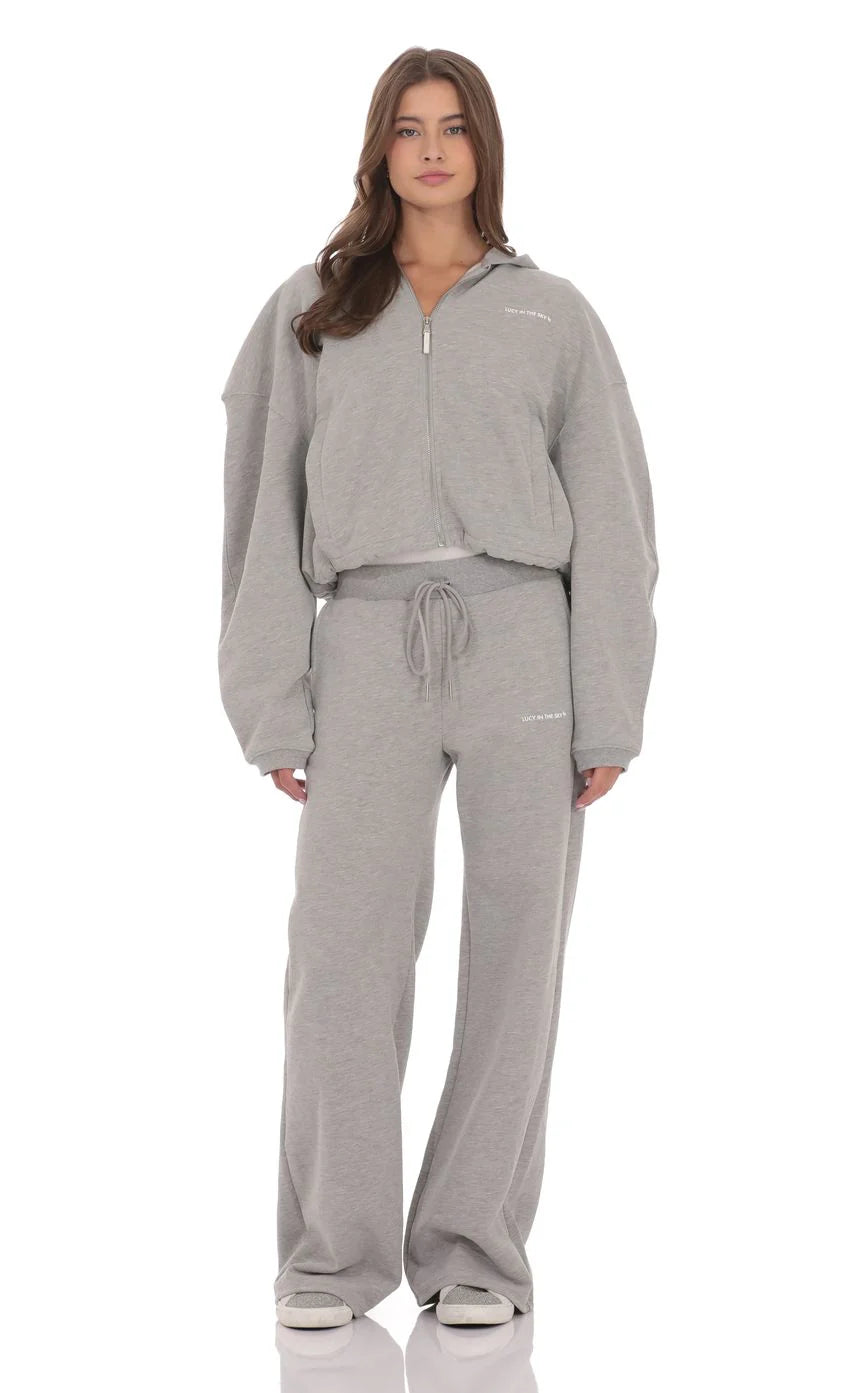 Cropped Fleece Zip Up Hoodie in Grey