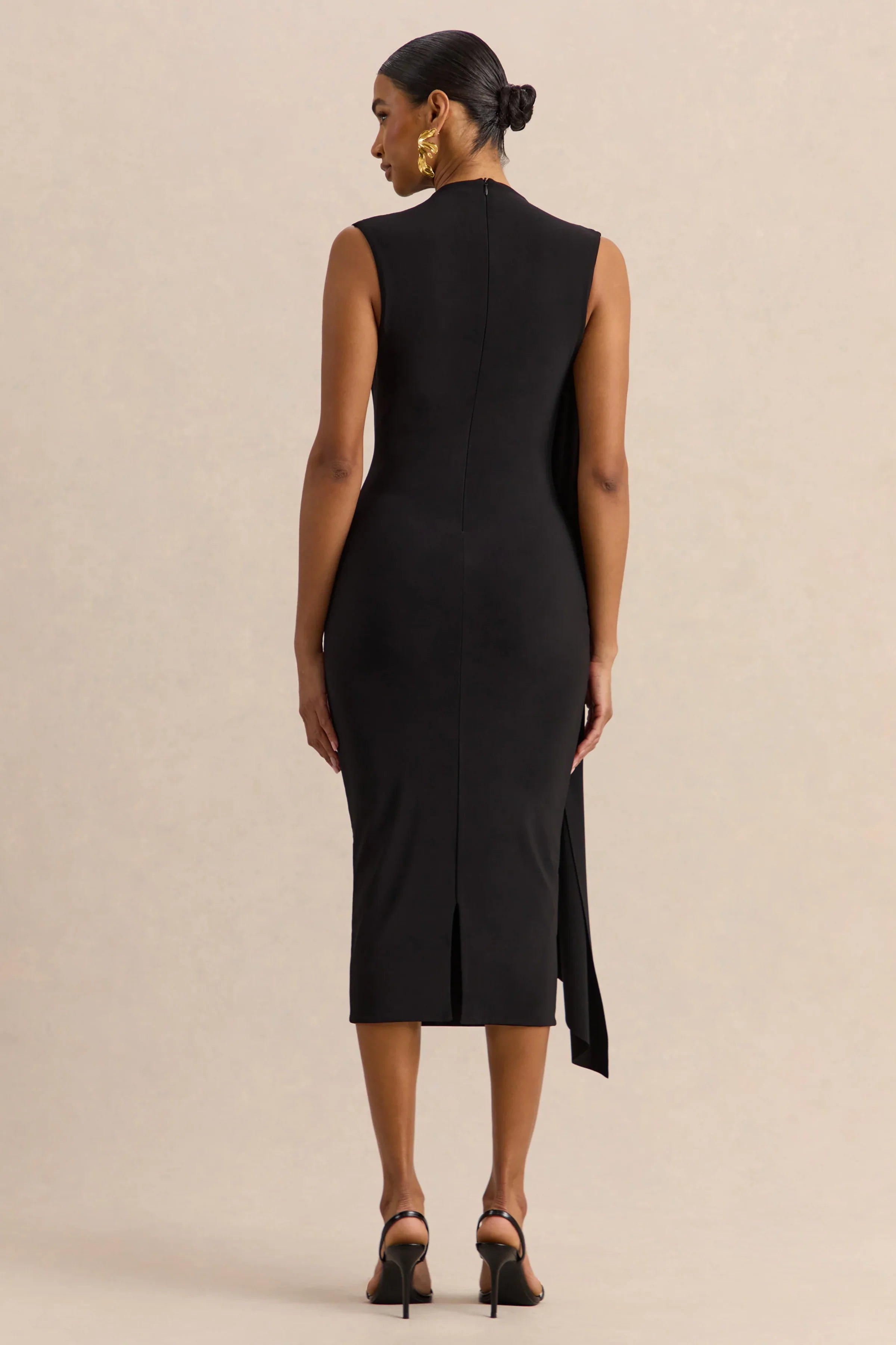 Oleandra Black High Neck Midi Dress With Draped Detail