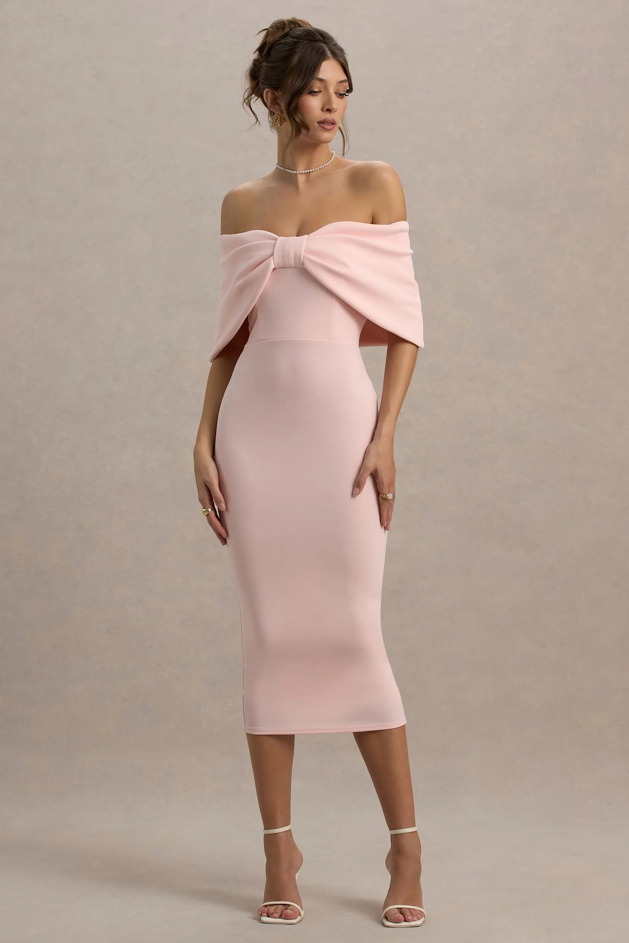 Bayshore Pink Bow Bardot Midi Dress
