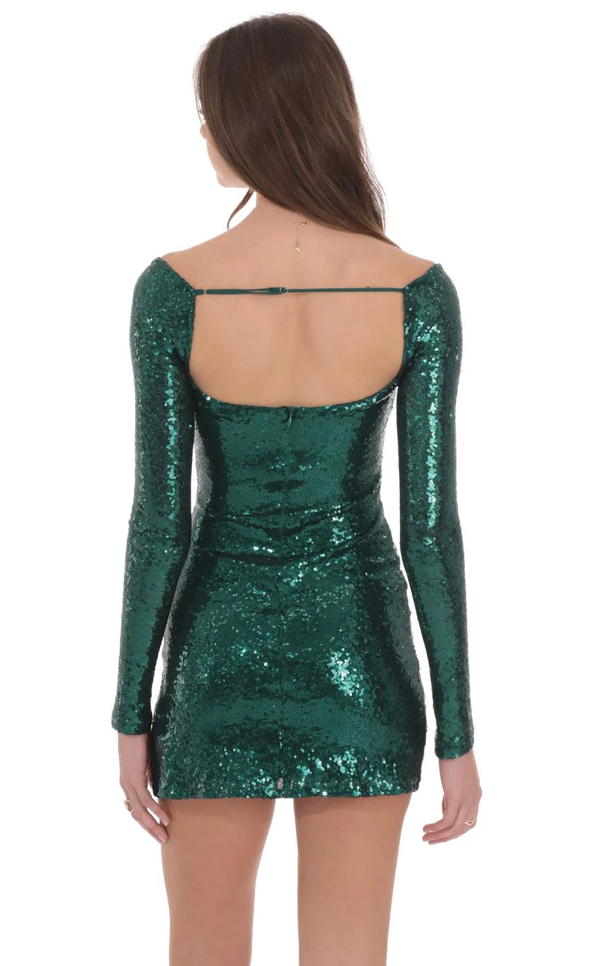 Sequin Long Sleeve Bodycon Dress in Green