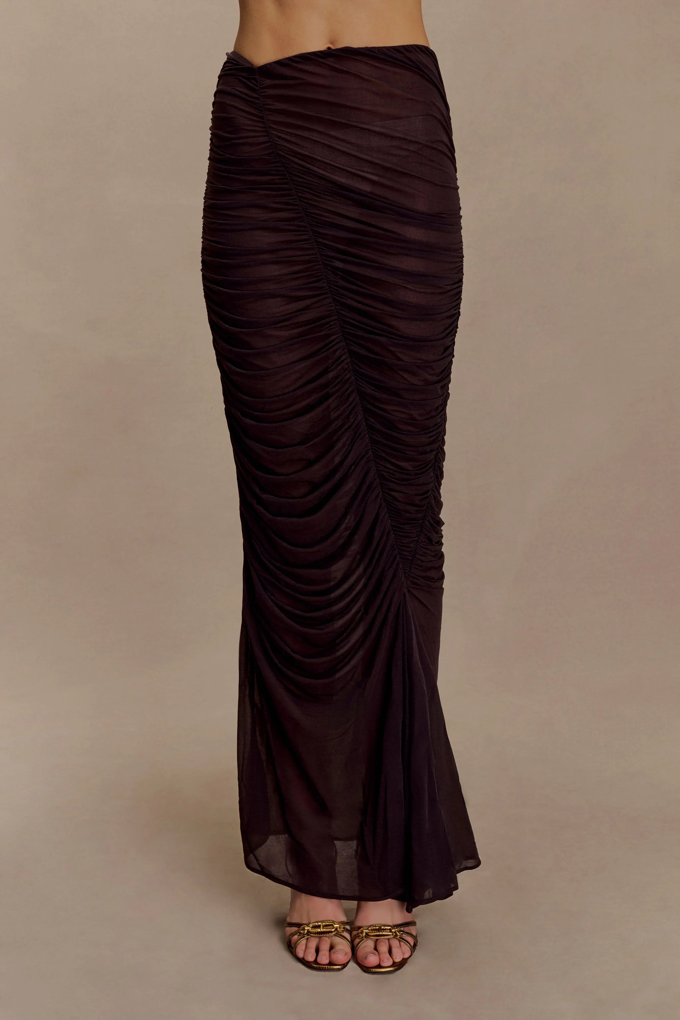 Matilda Ruched Mesh Maxi Skirt Chocolate