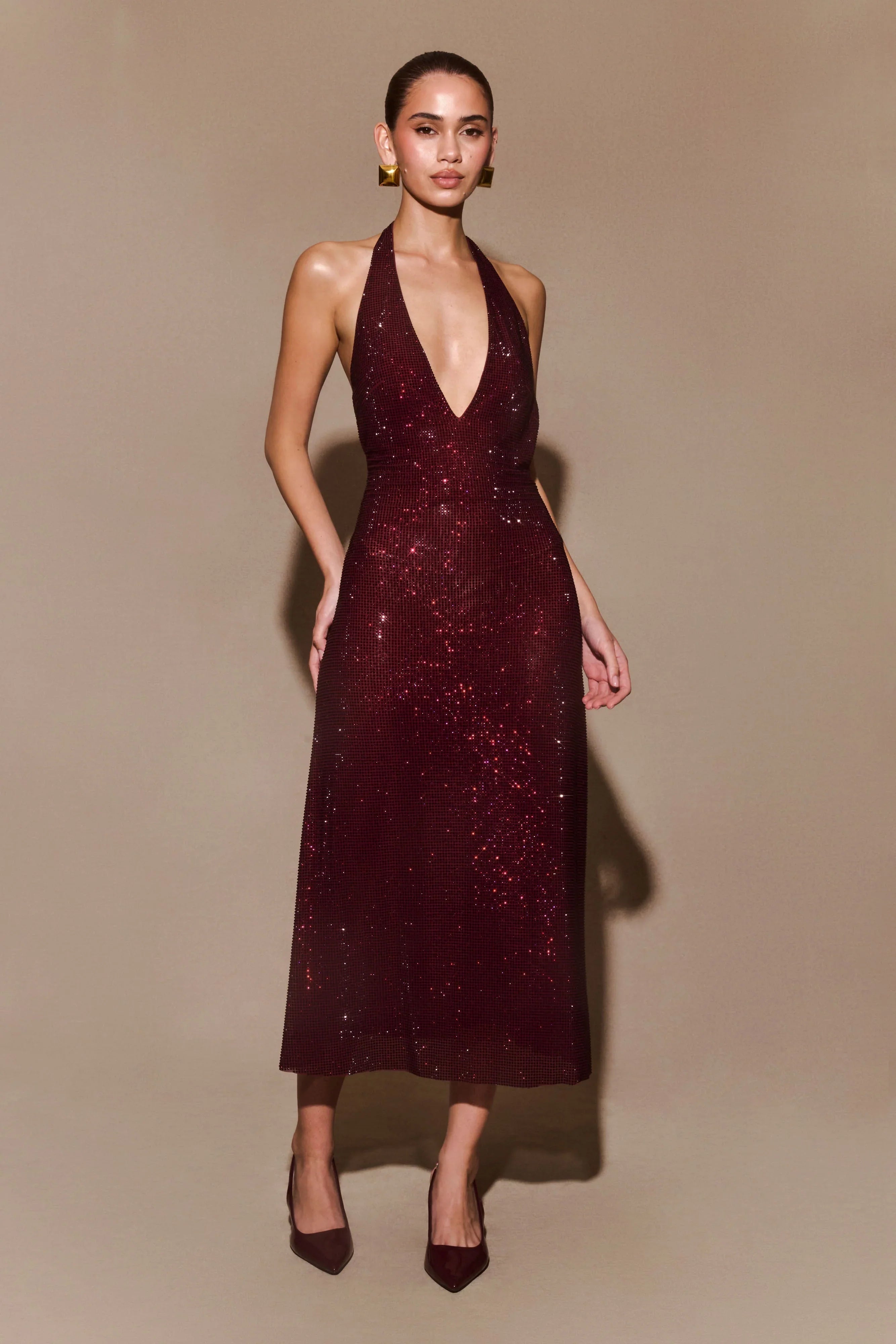 Genie Diamante Halter Midi Dress Mahogany