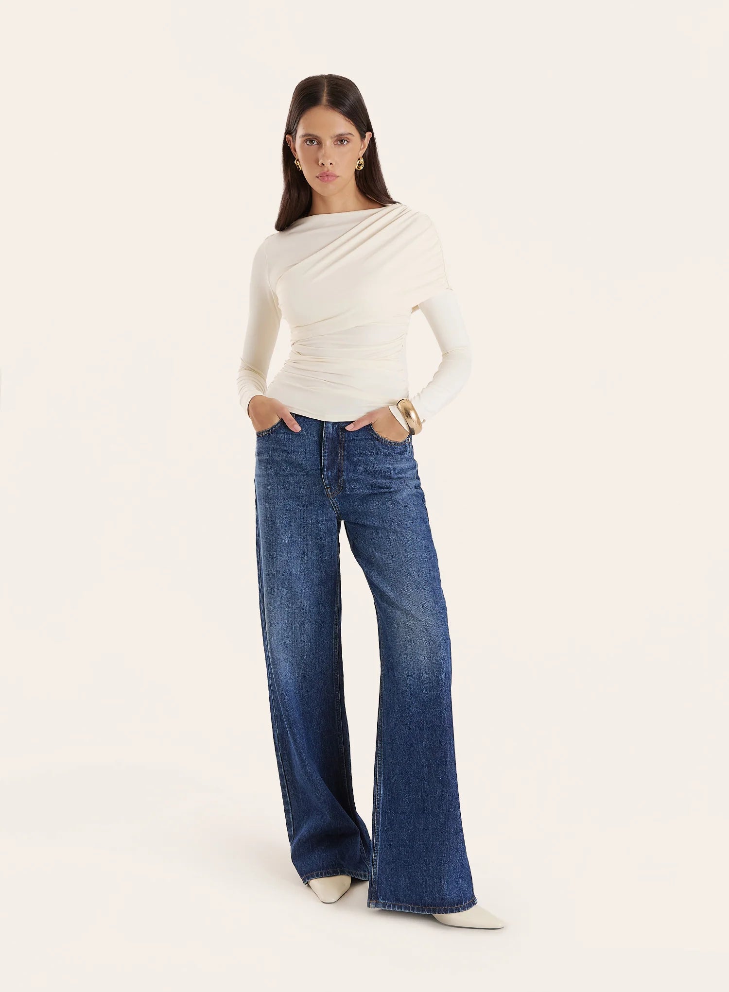 Off White Long Sleeved Drape Top