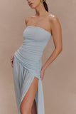 Bex Strapless Slinky Maxi Dress With Split Pale Blue