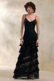 Avelisse Black Lace Plunge Neck Maxi Dress With Ruffled Detailing