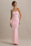 My Muse Pink Ruched Bandeau Split Maxi Dress With Flowers