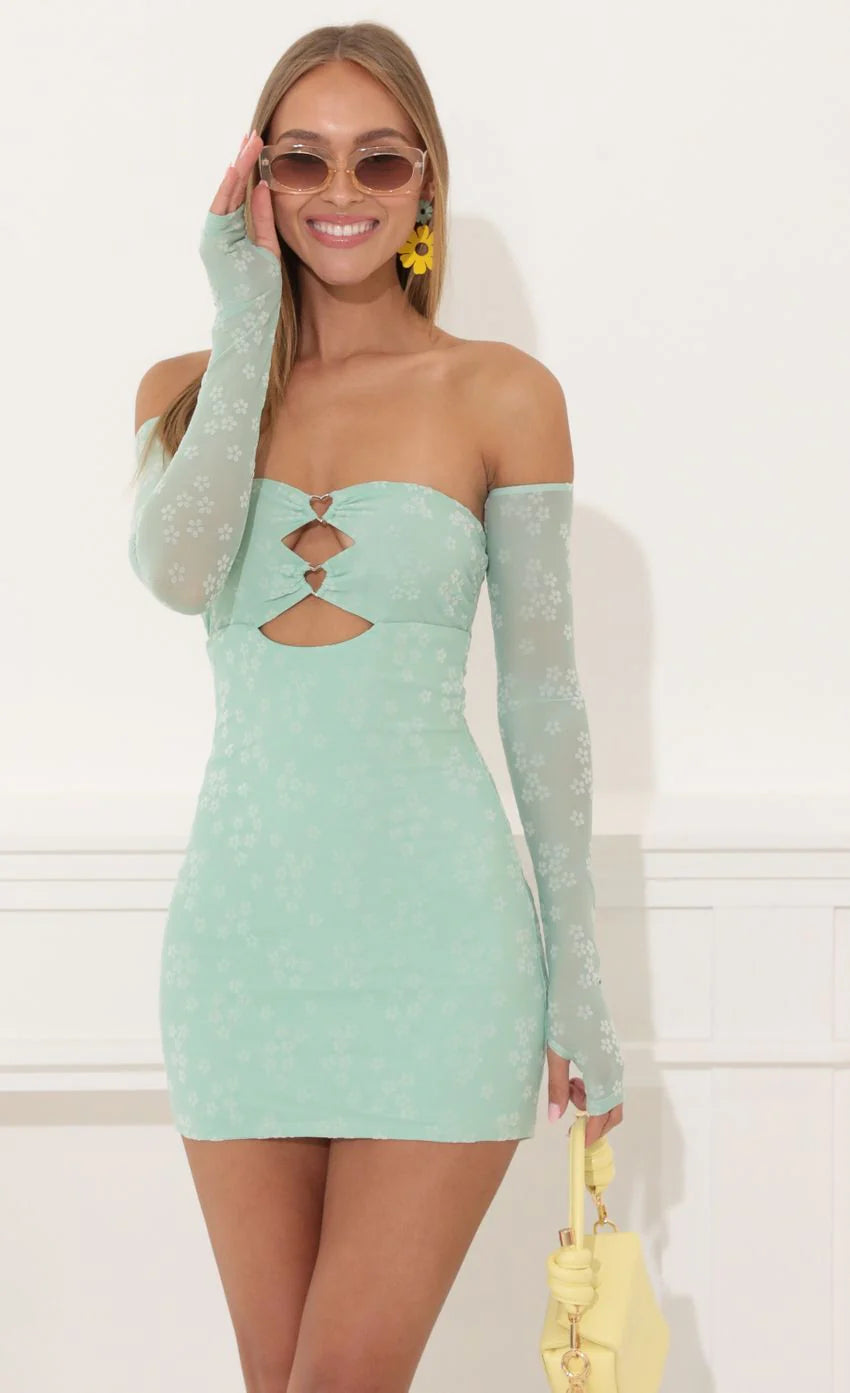 Floral Cutout Bodycon Dress in Green with Gloves