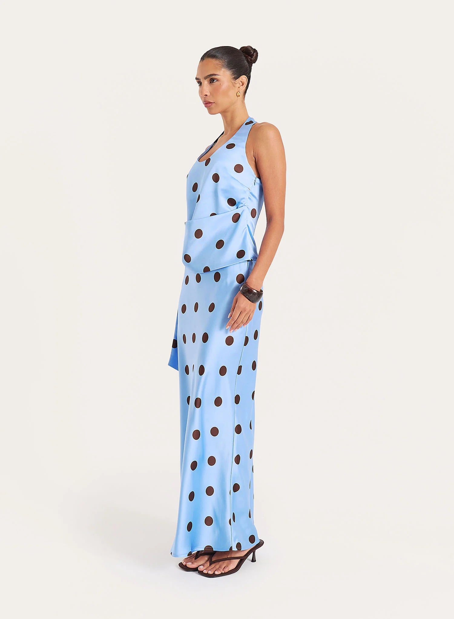Blue And Chocolate Polka Dot Satin Halterneck Top