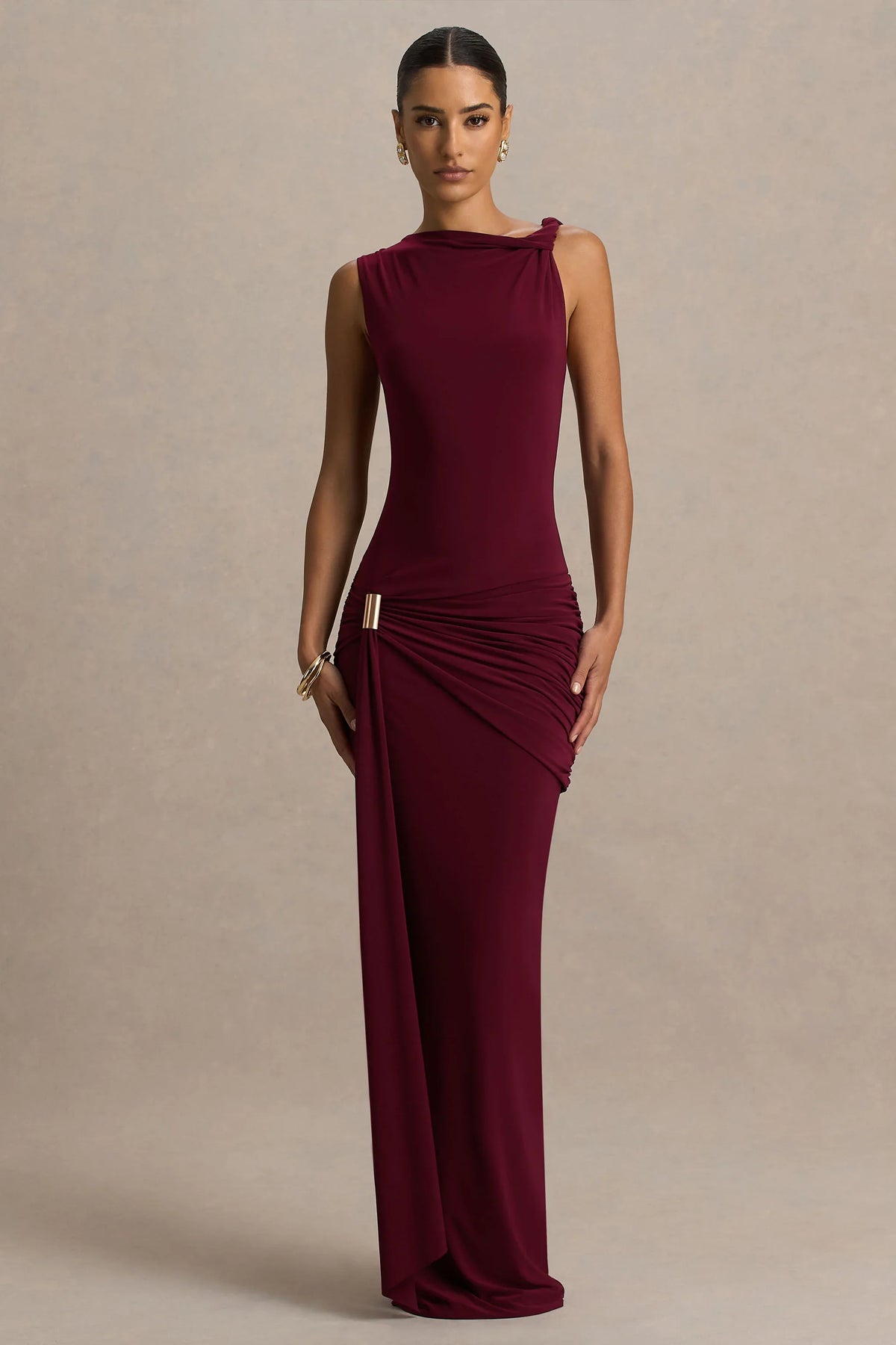 Decadence Burgundy High Neck Wrapped Maxi Dress With Twist Sleeve