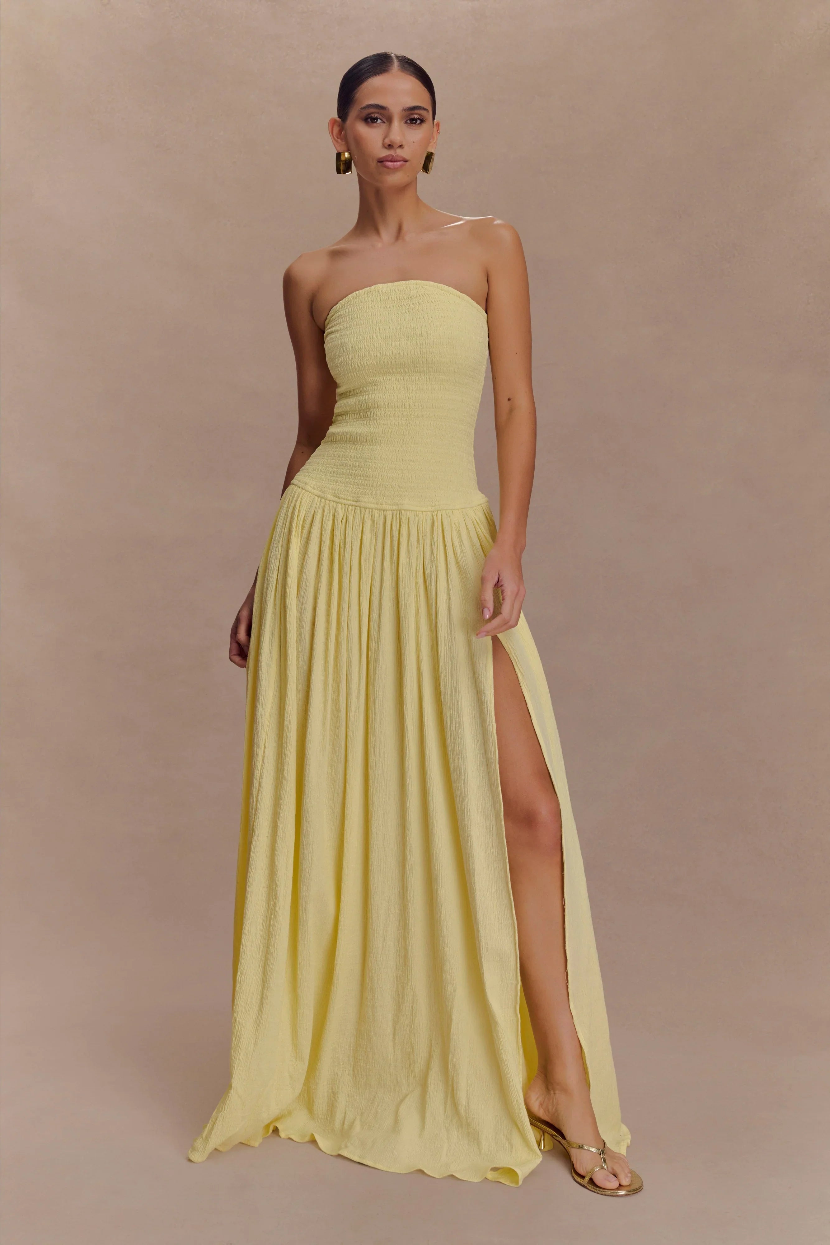 Maureen Cotton Shirring Maxi Dress Lemon
