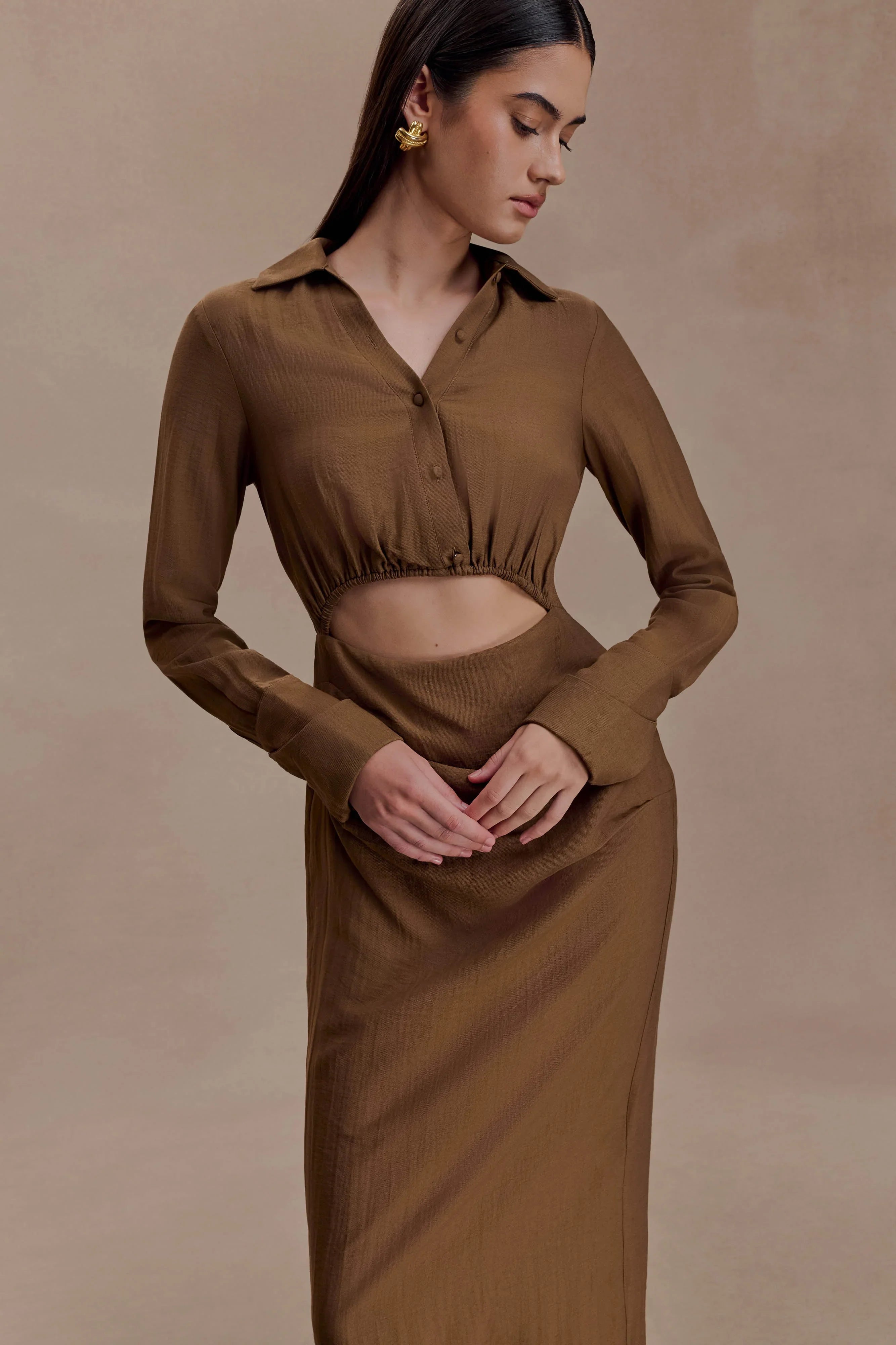 Cecilie Cut Out Shirt Midi Dress Dark Chocolate