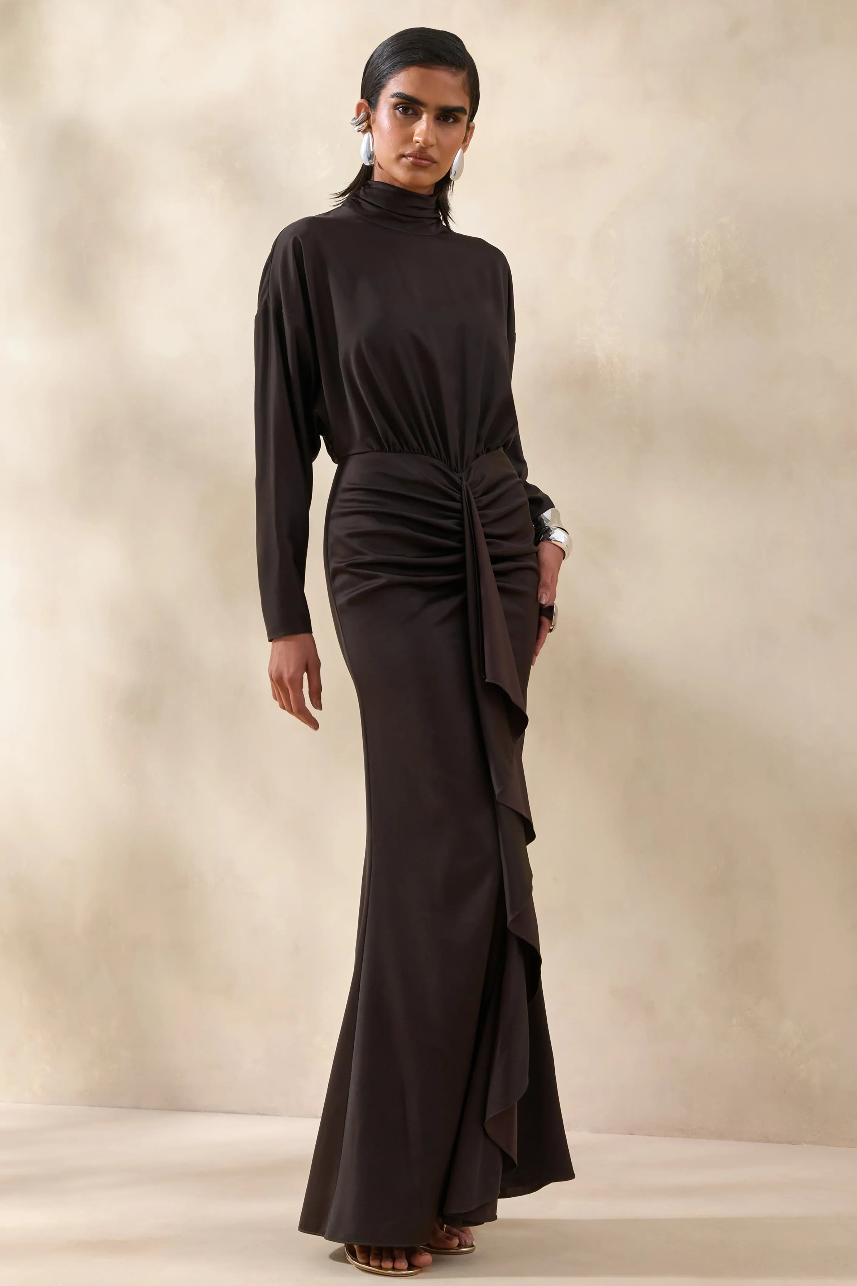 Perla Dark Brown High Neck Maxi Dress With Gathered Detailing