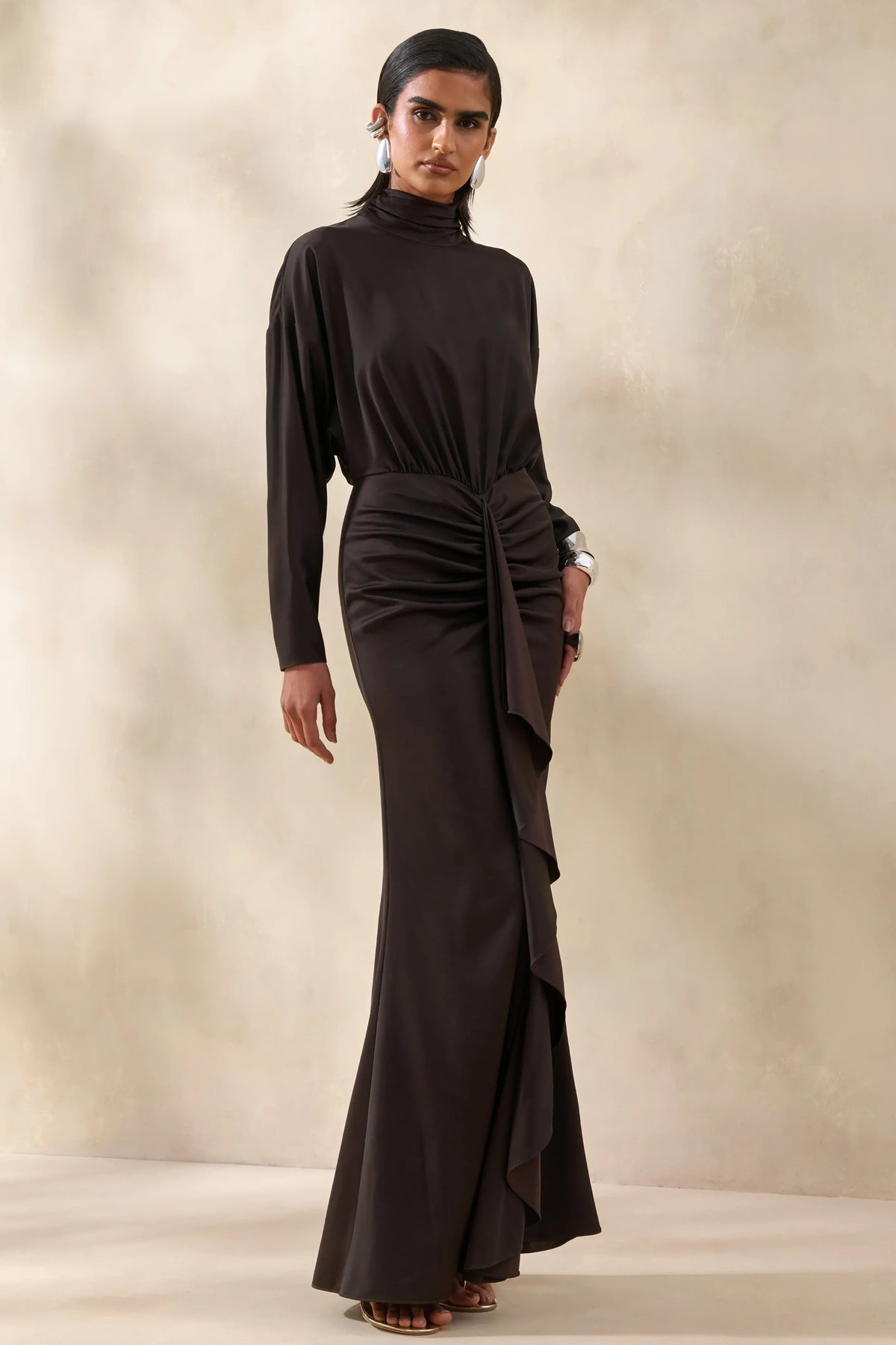 Perla Dark Brown High Neck Maxi Dress With Gathered Detailing