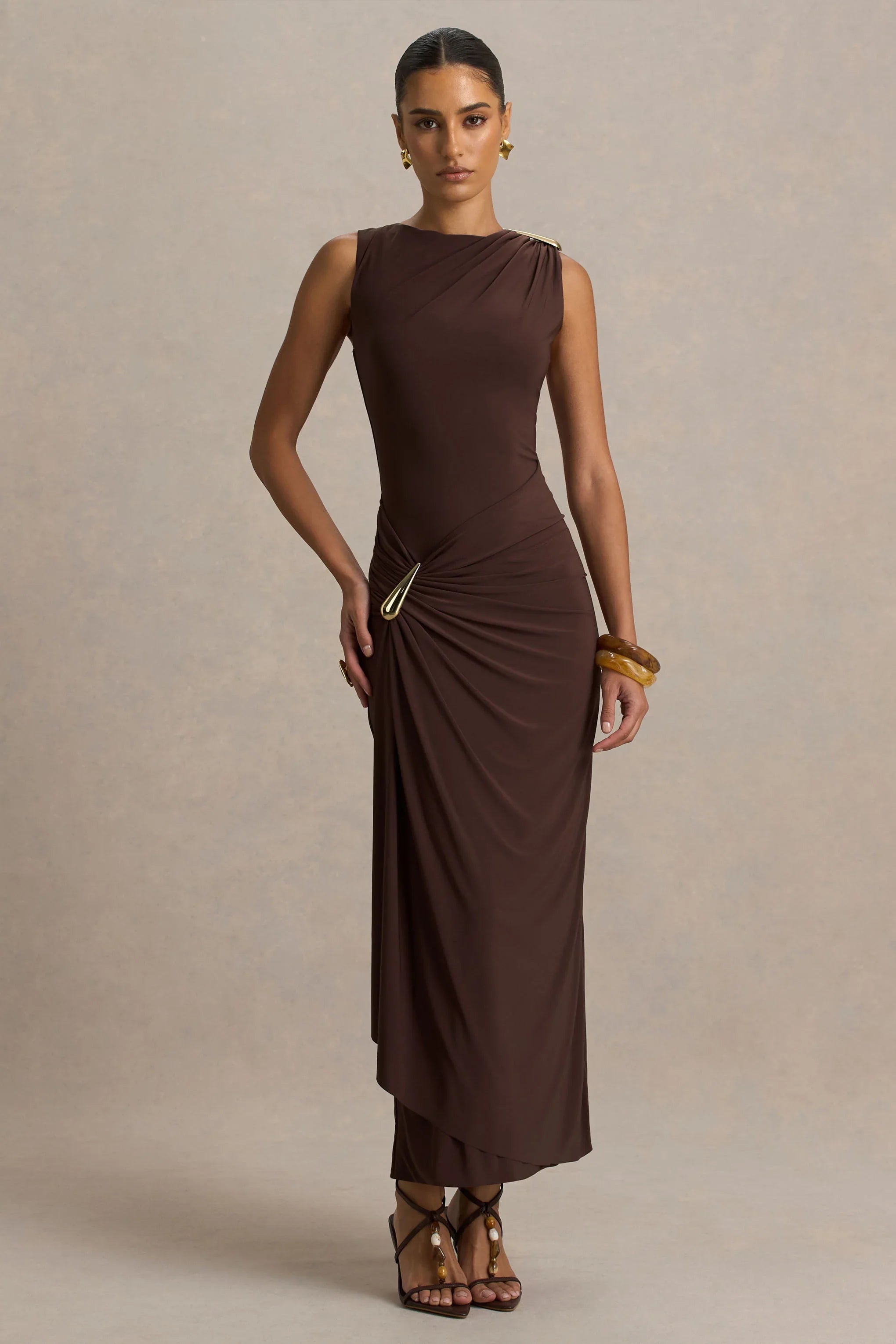 Fiora Brown Wide Neck Maxi Dress With Gathered Detail