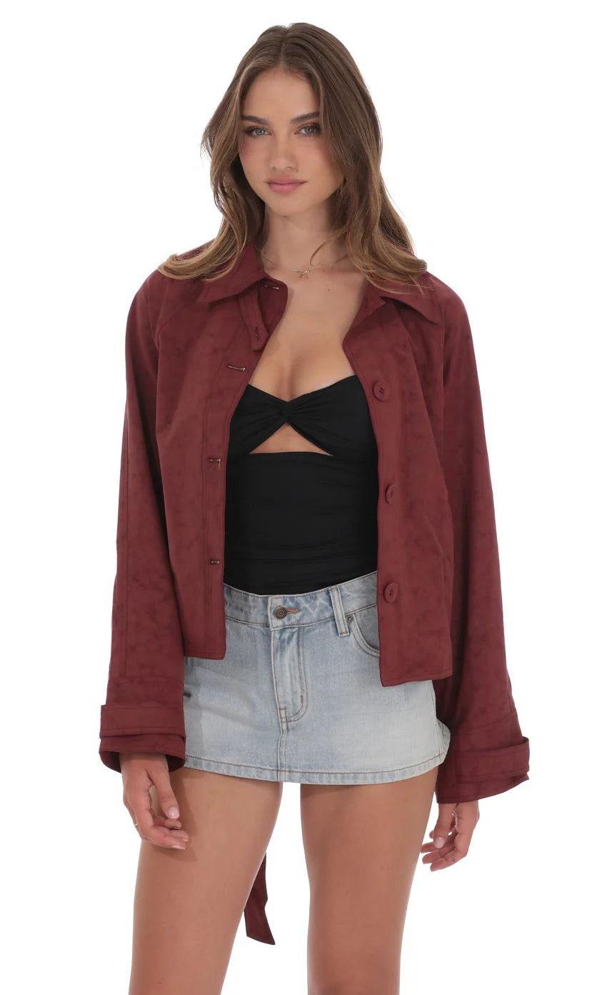 Suede Belted Leather Jacket in Burgundy