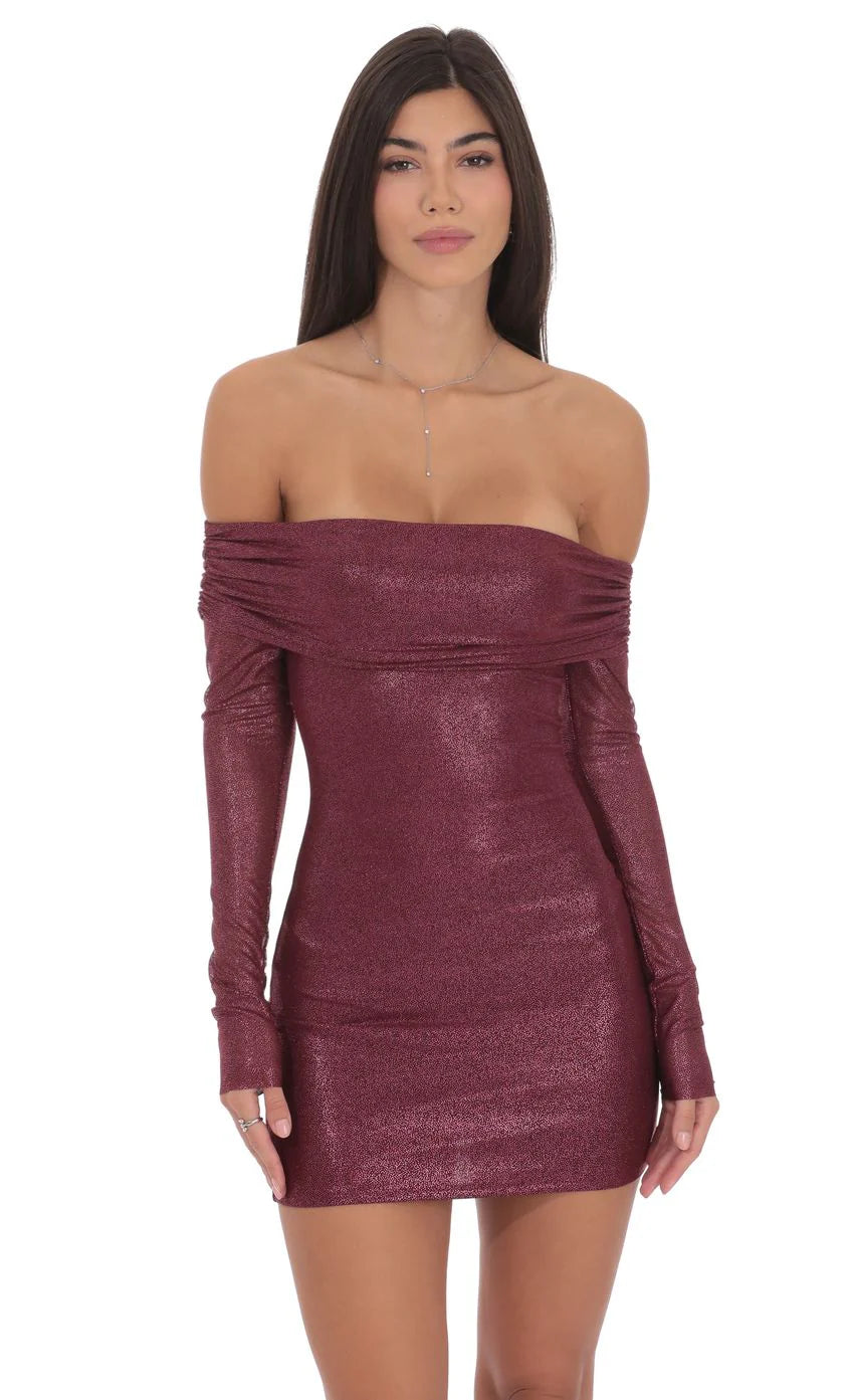 Foil Off Shoulder Dress in Burgundy