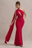 Elaina Red Asymmetric Knot Maxi Dress With Sash