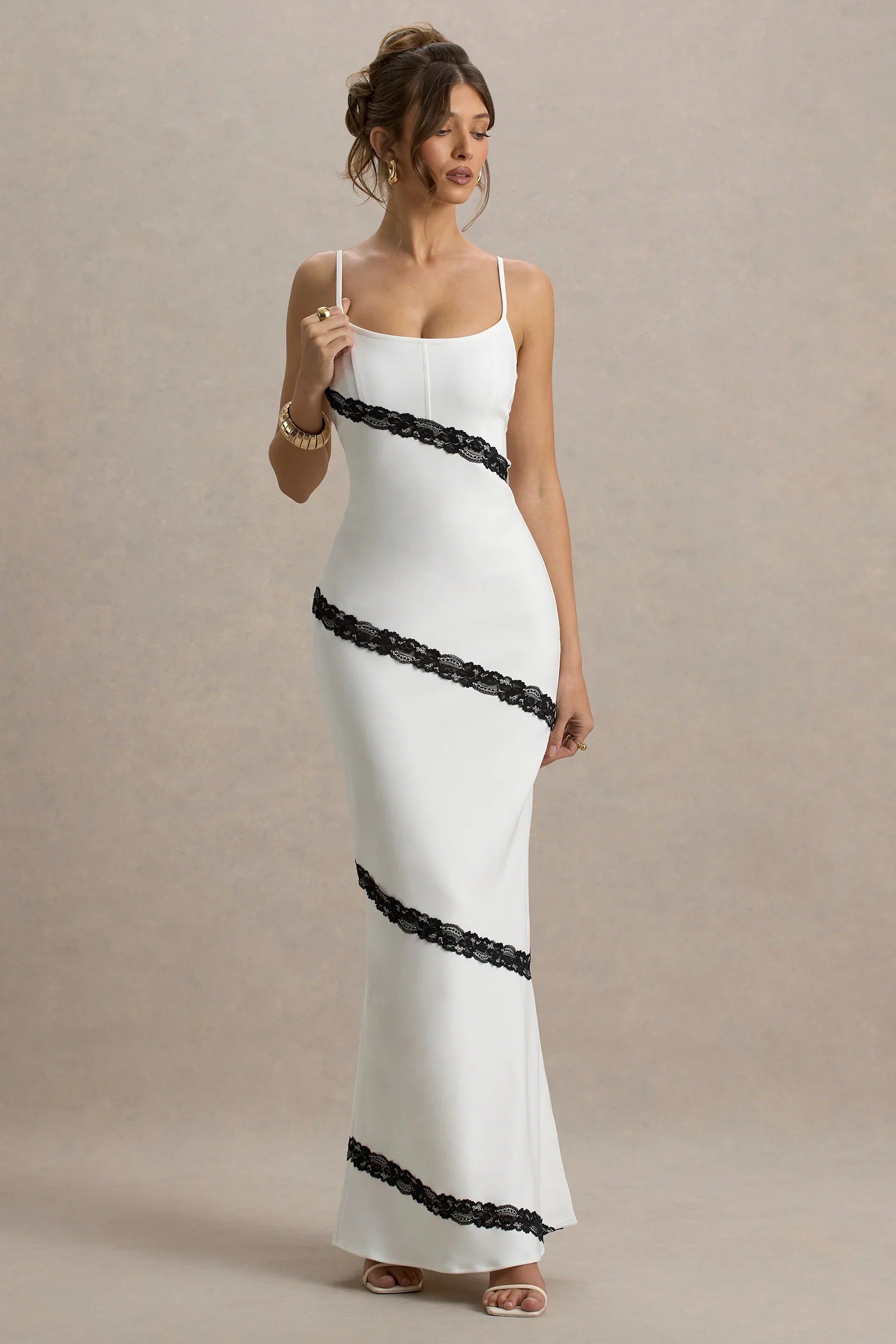 Elizabeth White Black Strappy Lace Trimmed Maxi Dress