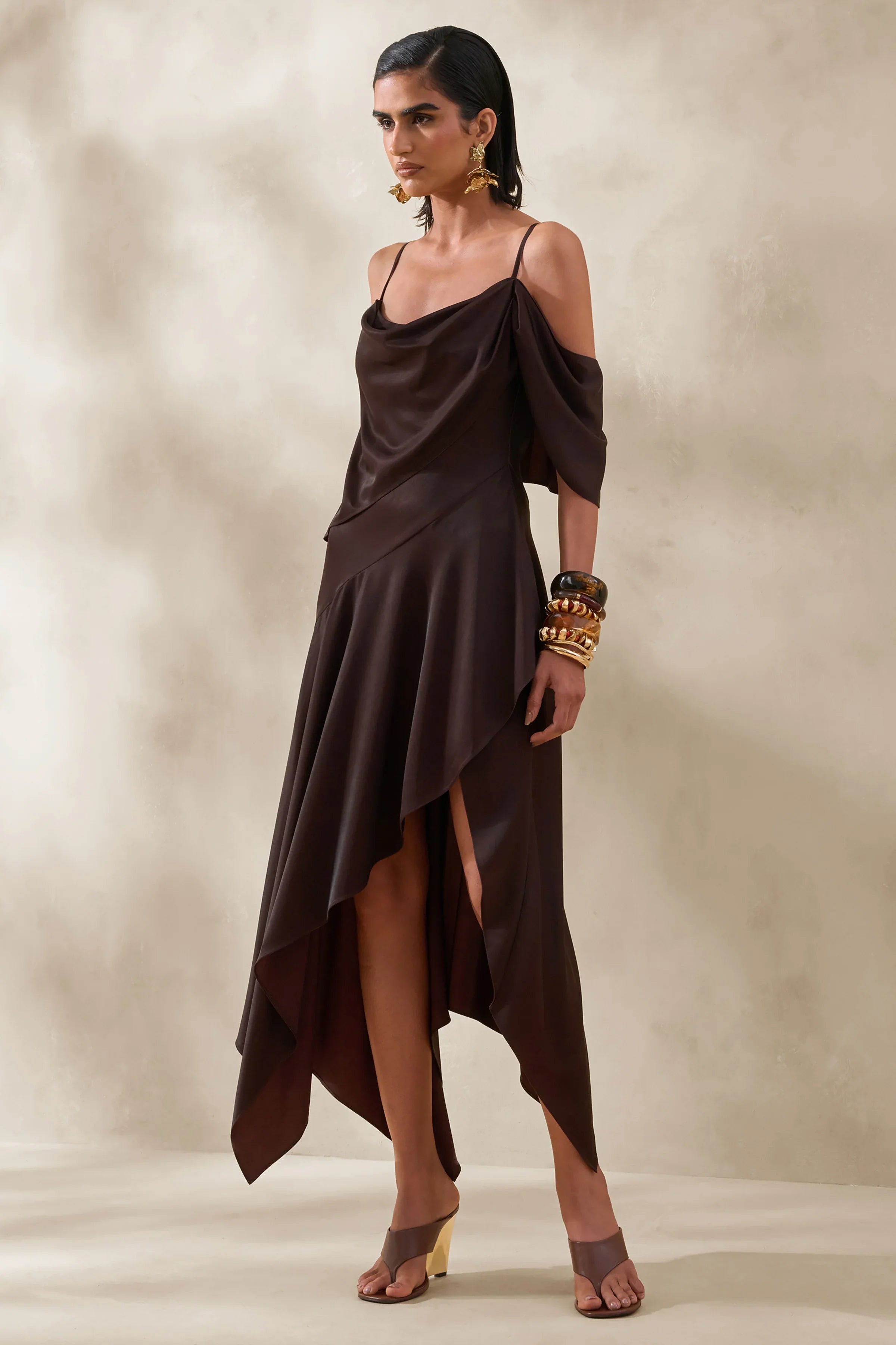 Helira Brown Asymmetric Midi Dress With Draping Detailing and Open Back
