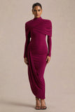 Aneira Burgundy High Neck Maxi Dress With Cape Sleeves