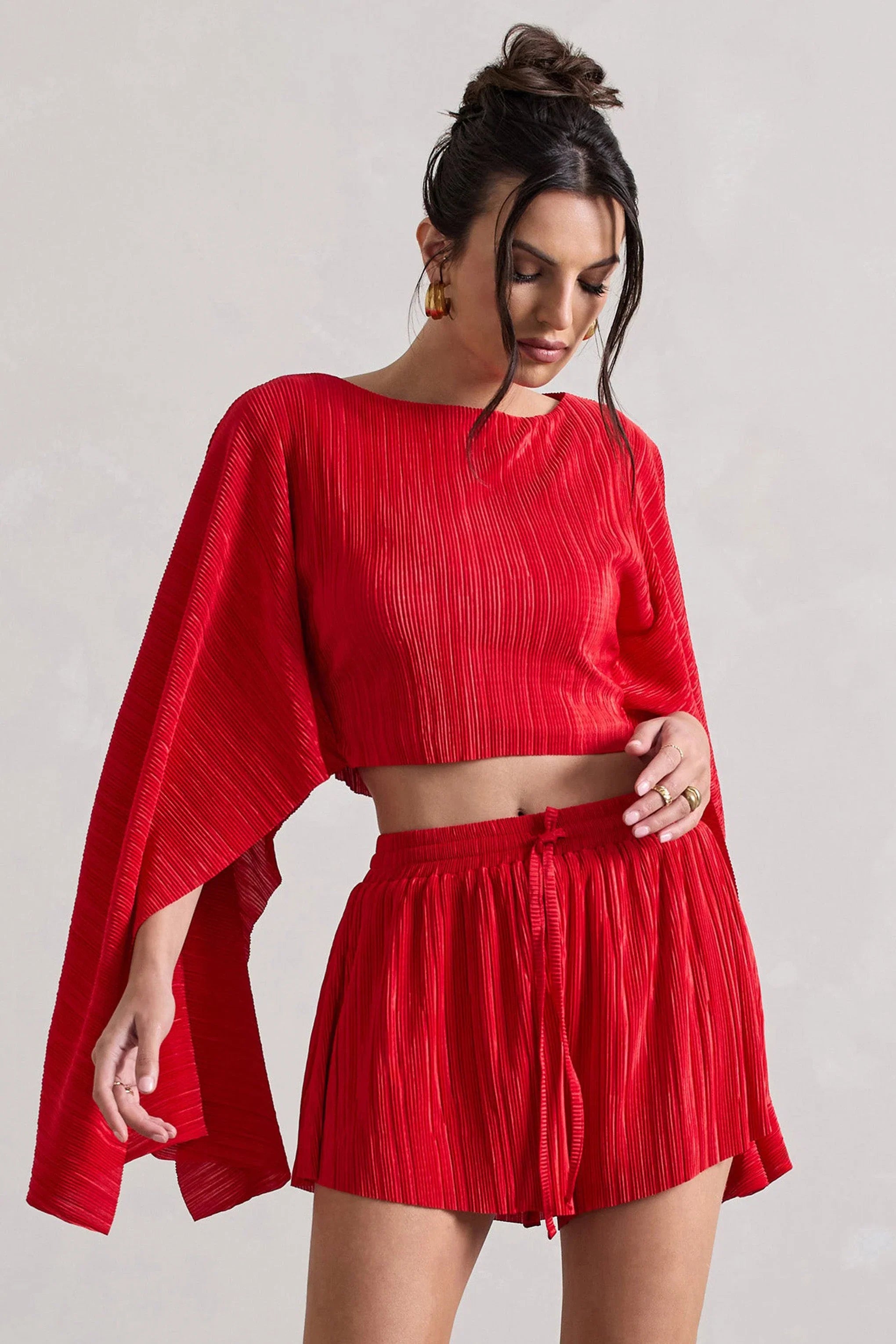 Flare Red Plisse Cape Sleeve Crop Top