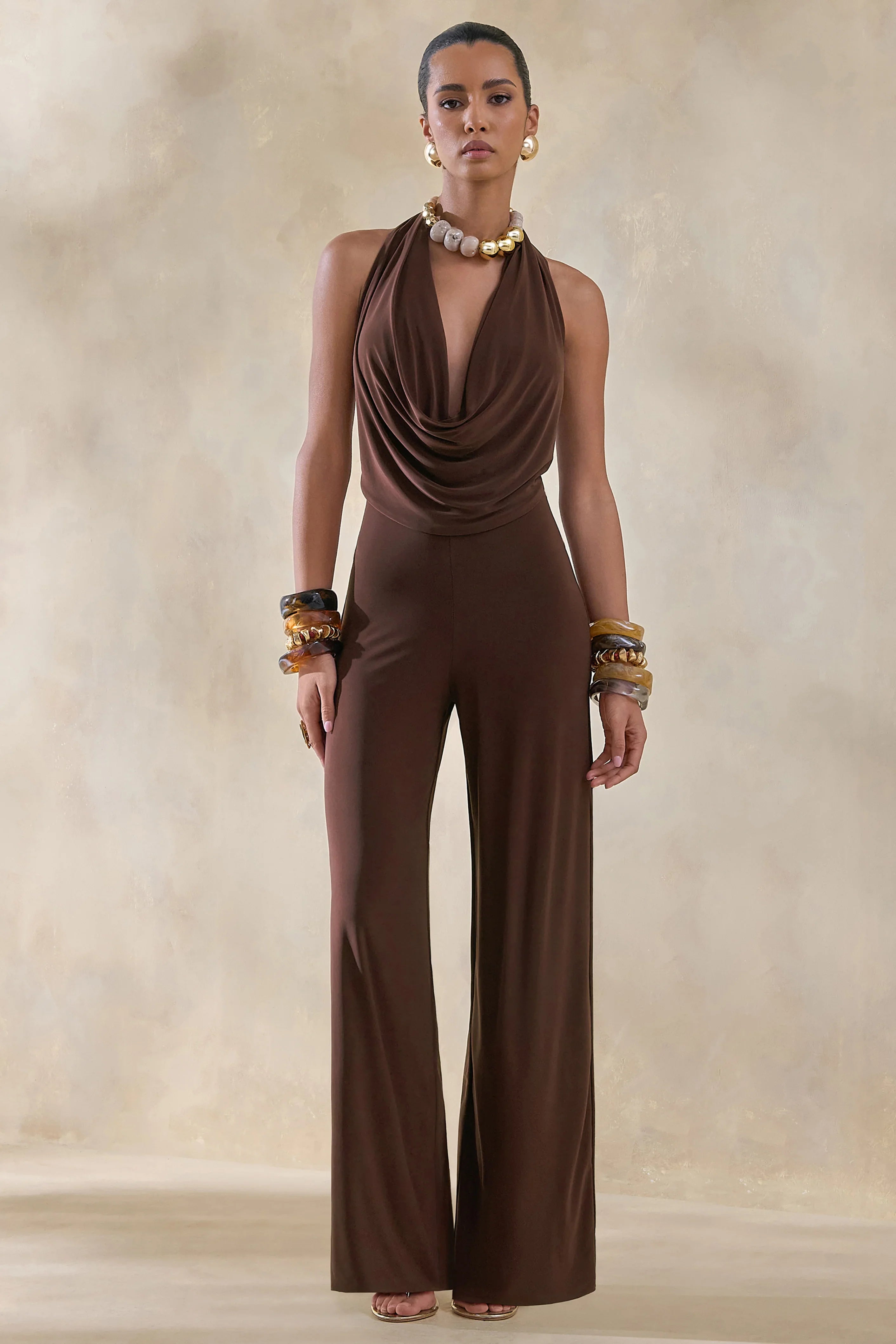 Clemence Brown Plunge Neck Jumpsuit