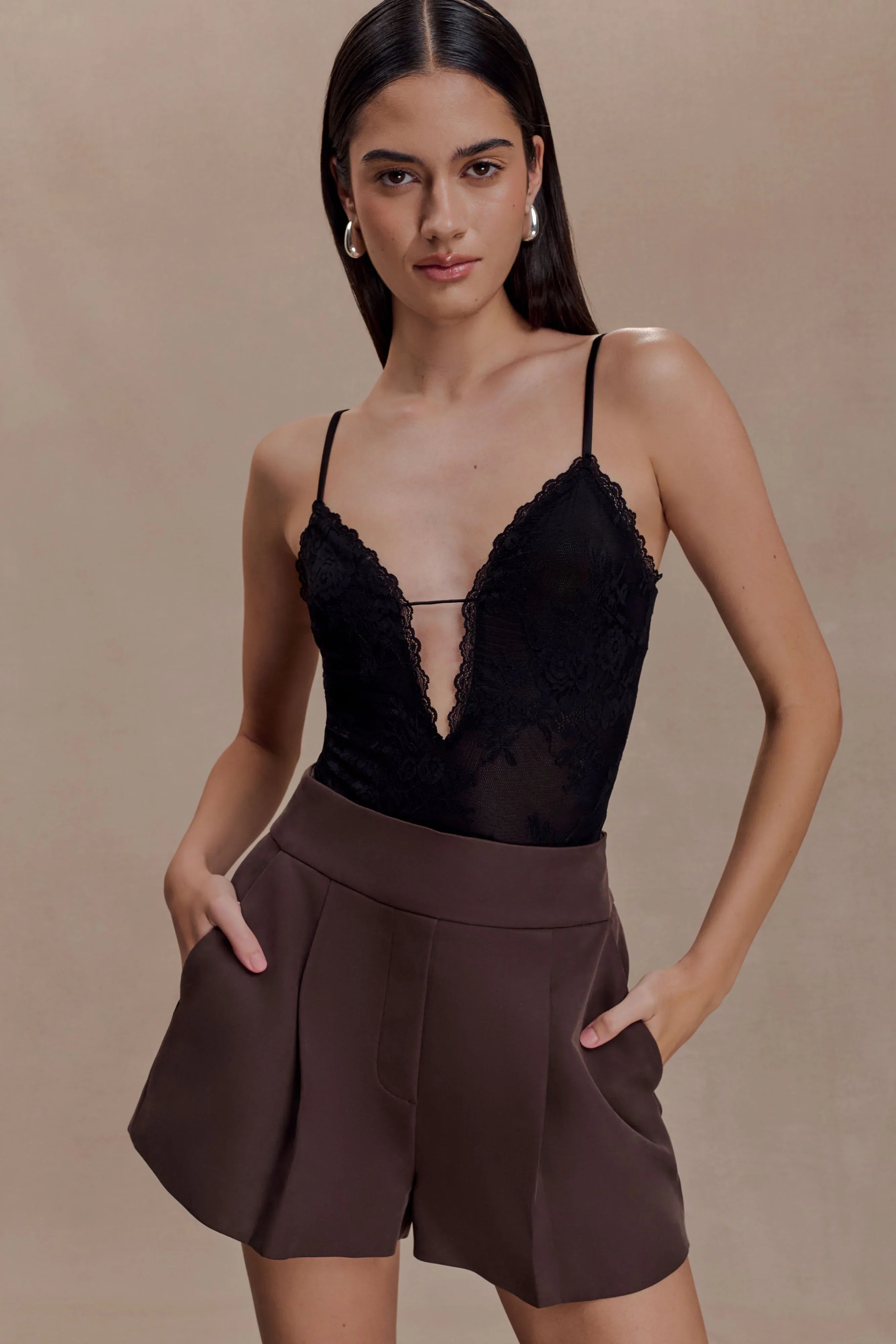 Jasper Sheer Plunge Lace Bodysuit Black