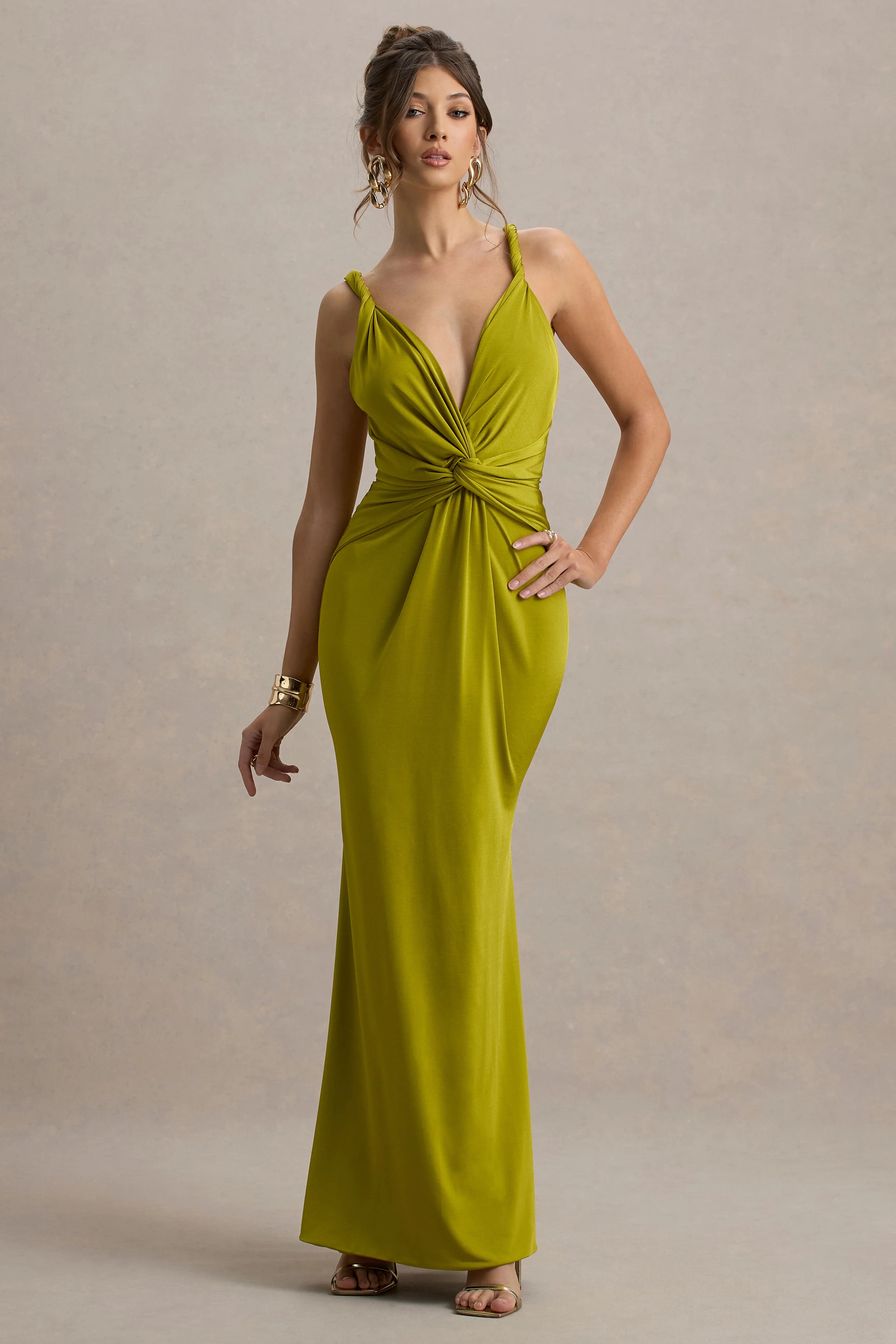 Santez Green Twisted Plunge Neck Maxi Dress