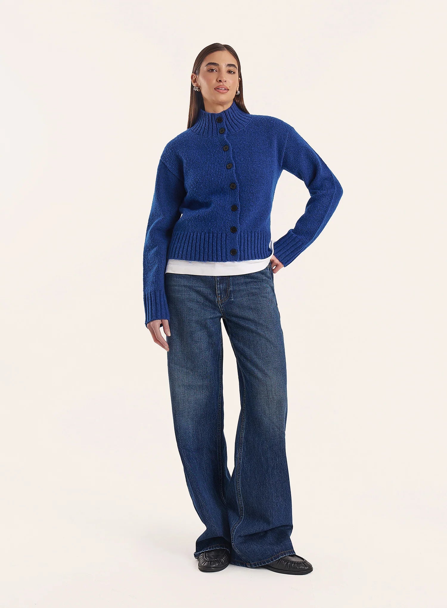 Blue Knitted Ribbed Button Down Cardigan