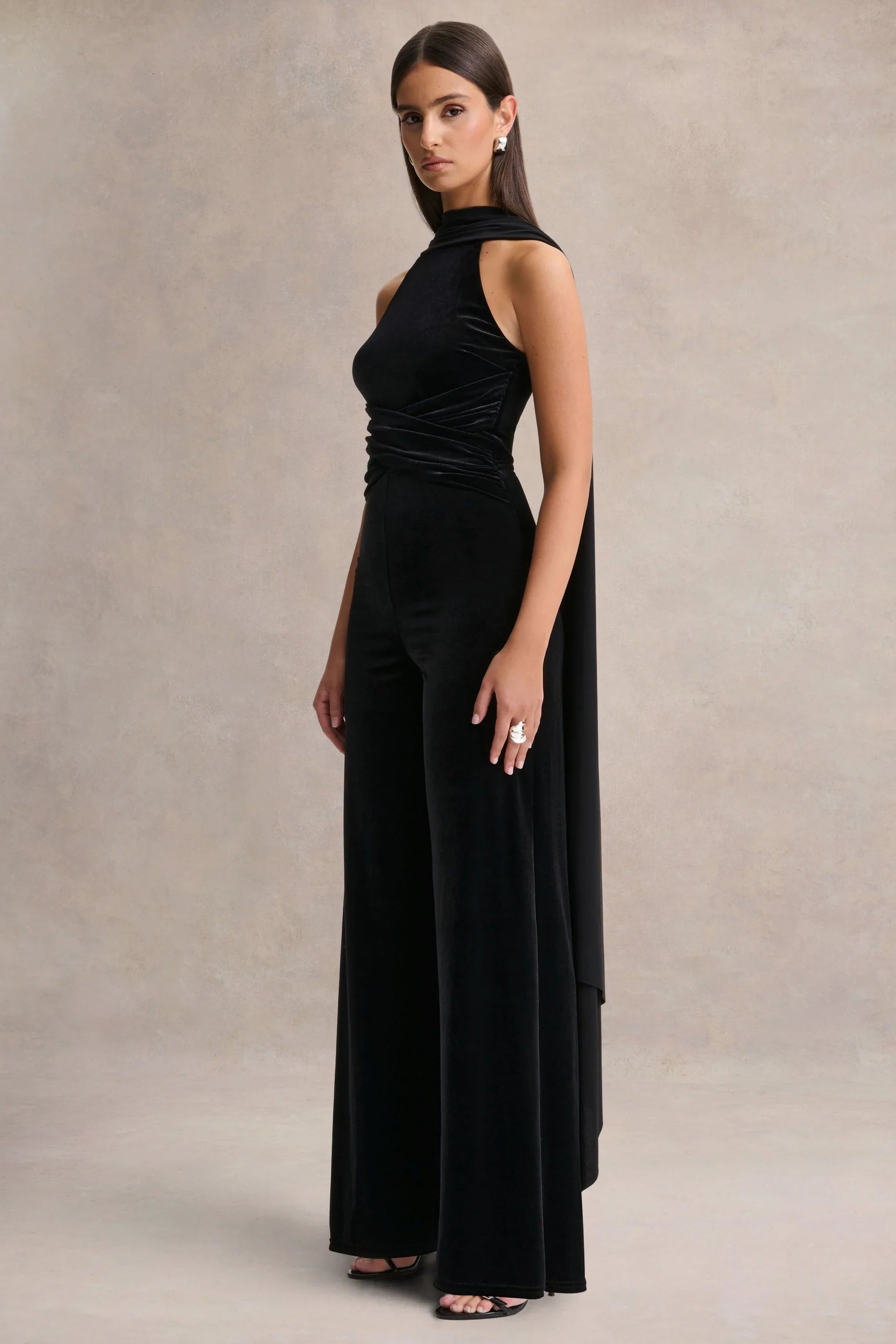 Madalina Black High Neck Jumpsuit With Scarf Detail