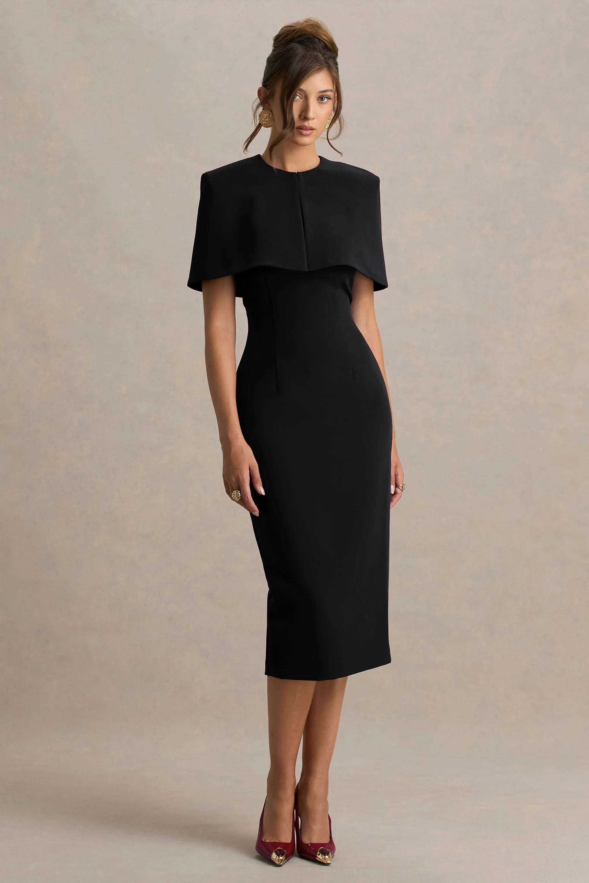 Baylor Black Midi Dress With Removable Cape Detail
