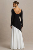 Caty Black And White Long Sleeved Maxi Dress With Asymmetric Drop Waist