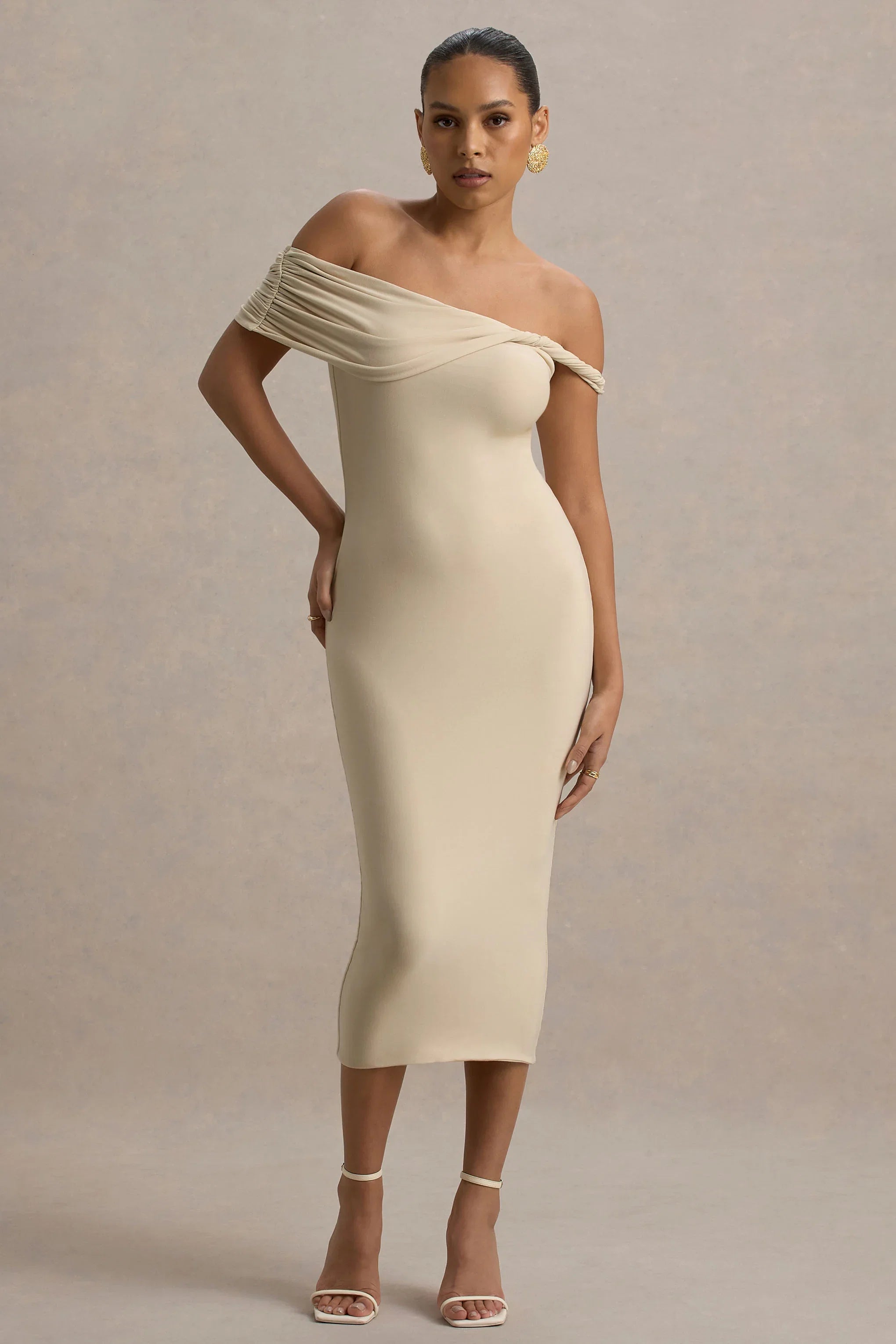 Skye Sand Twisted Bardot Midi Dress