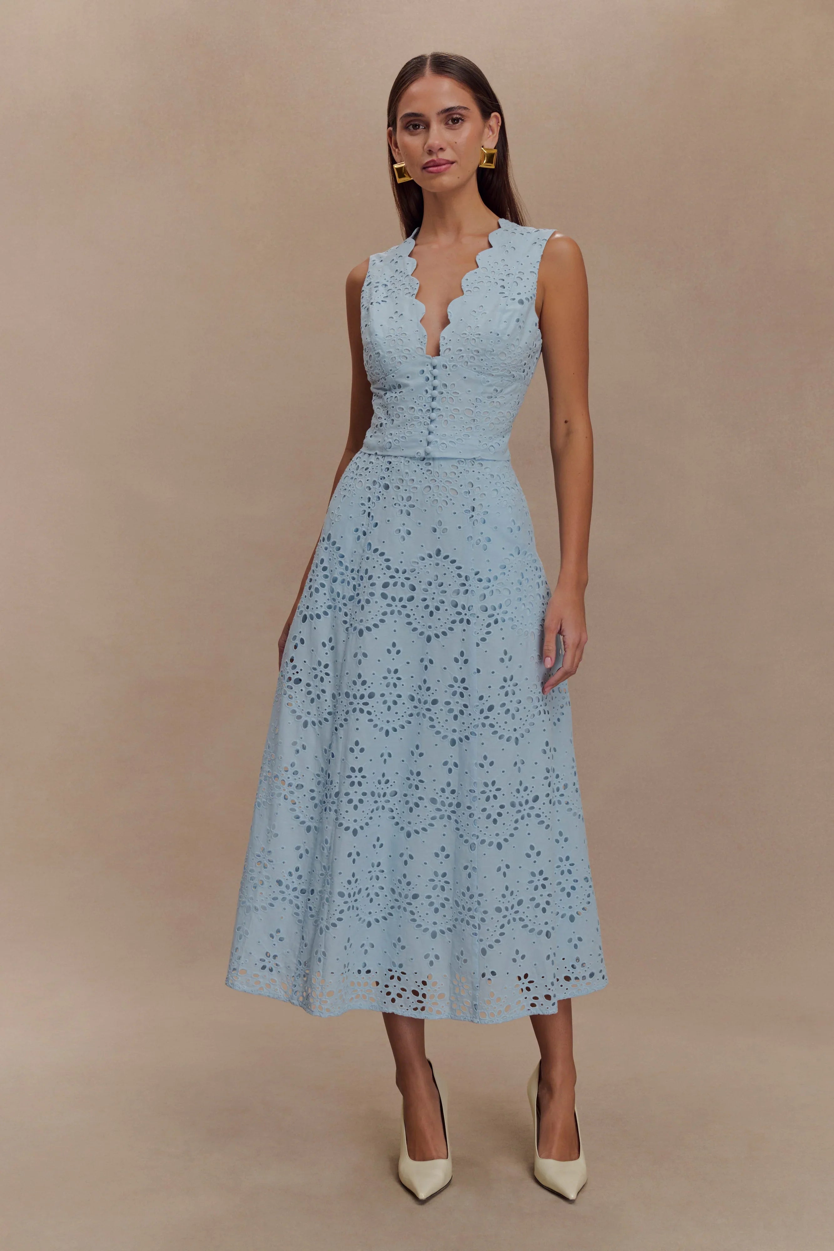 Arla Broderie Midi Skirt Pale Cornflower Blue