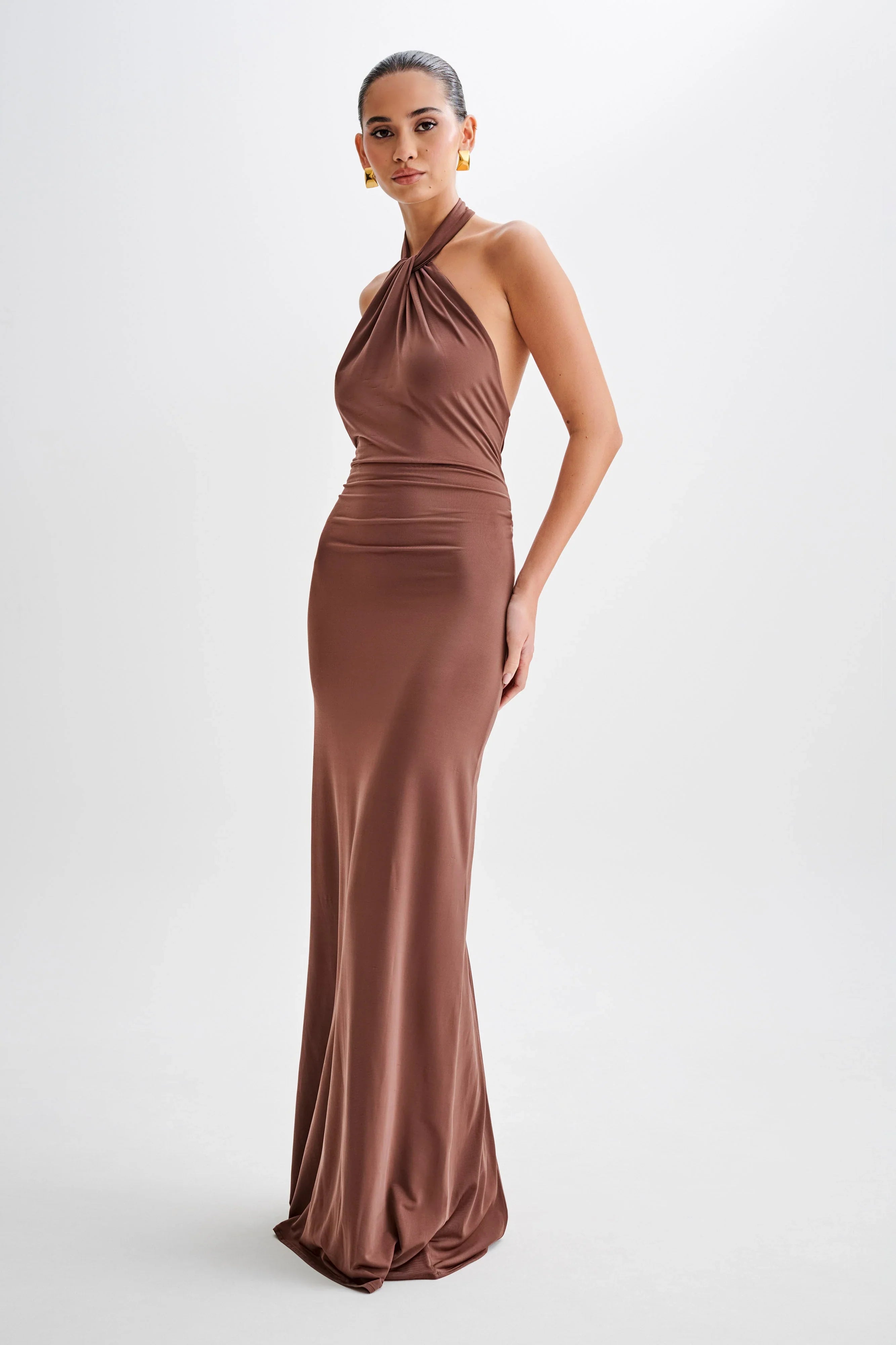 Elyna Slinky Halter Maxi Dress Chocolate
