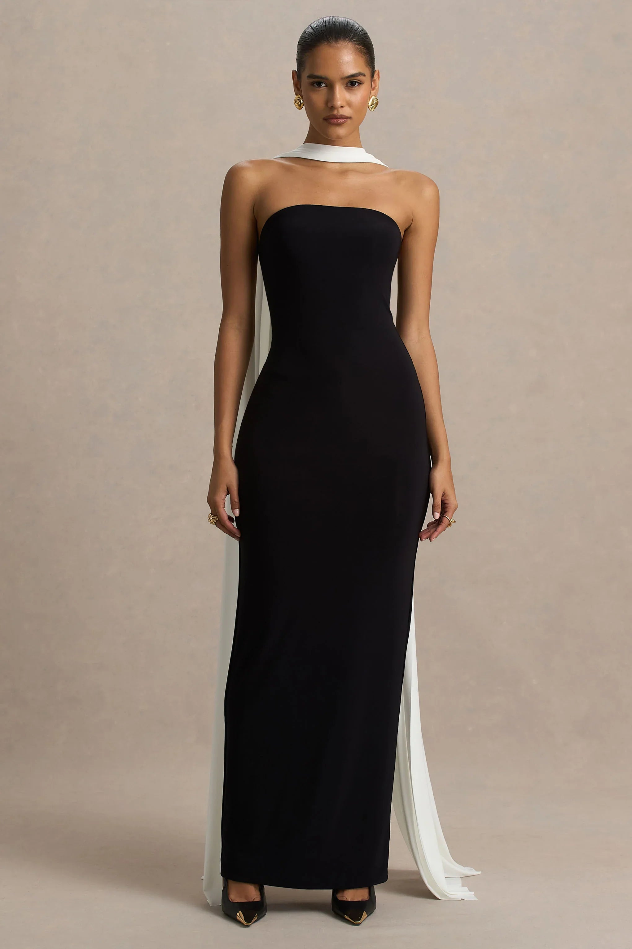 Kelilah Black And White Bandeau Maxi Dress With Scarf Detail
