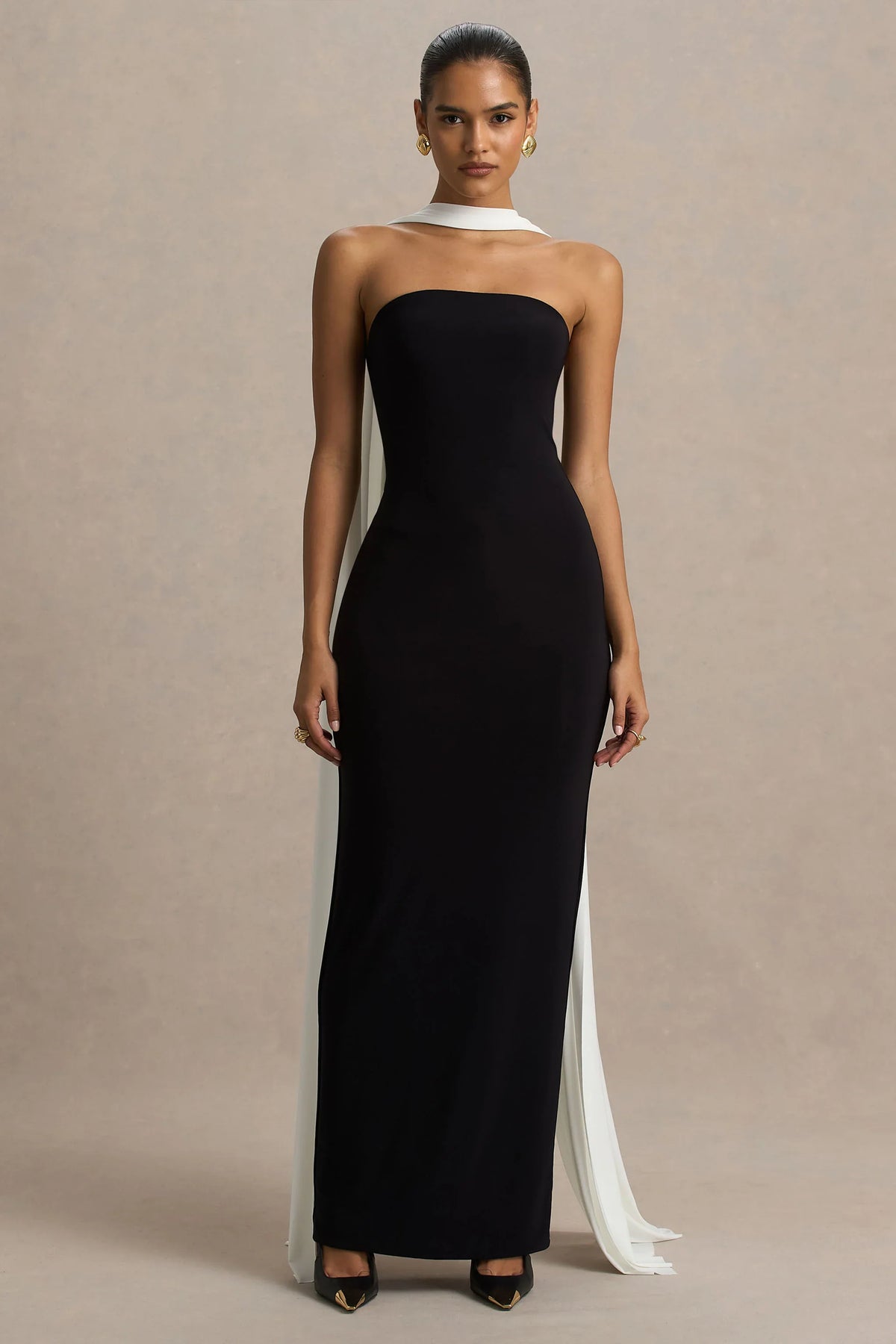 Kelilah Black And White Bandeau Maxi Dress With Scarf Detail